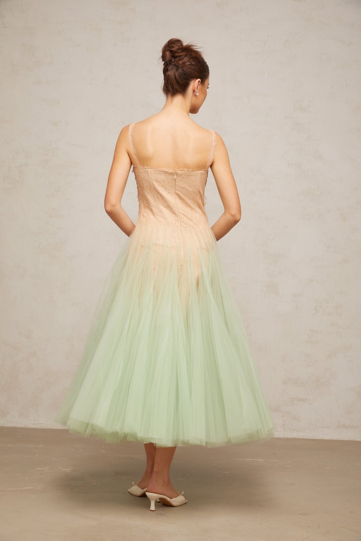 Zoéline green lace-panelling tulle midi dress