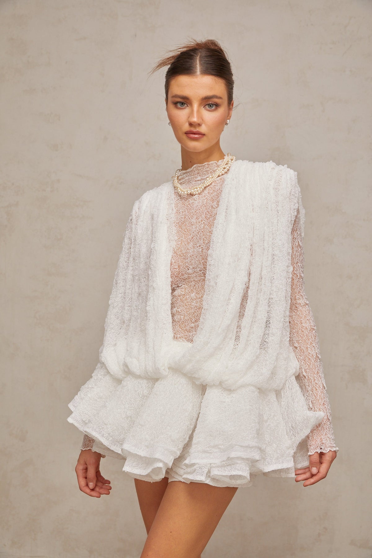 Isoline white semi-sheer lace top & shorts & dress matching set (Final Sale-US Only)