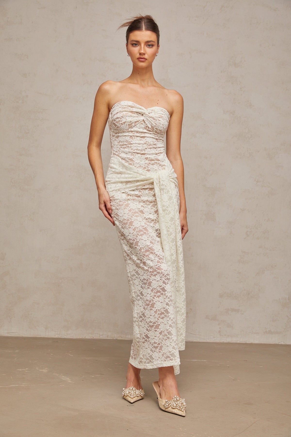 Wilhelmine white lace draped midi dress