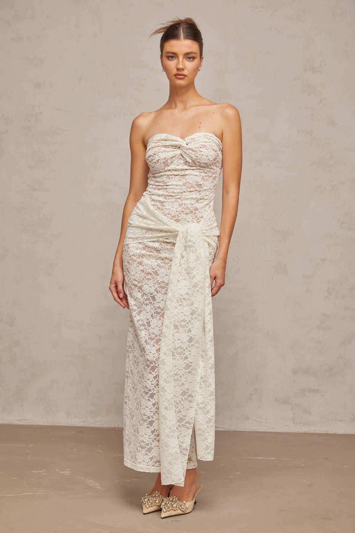 Wilhelmine white lace draped midi dress