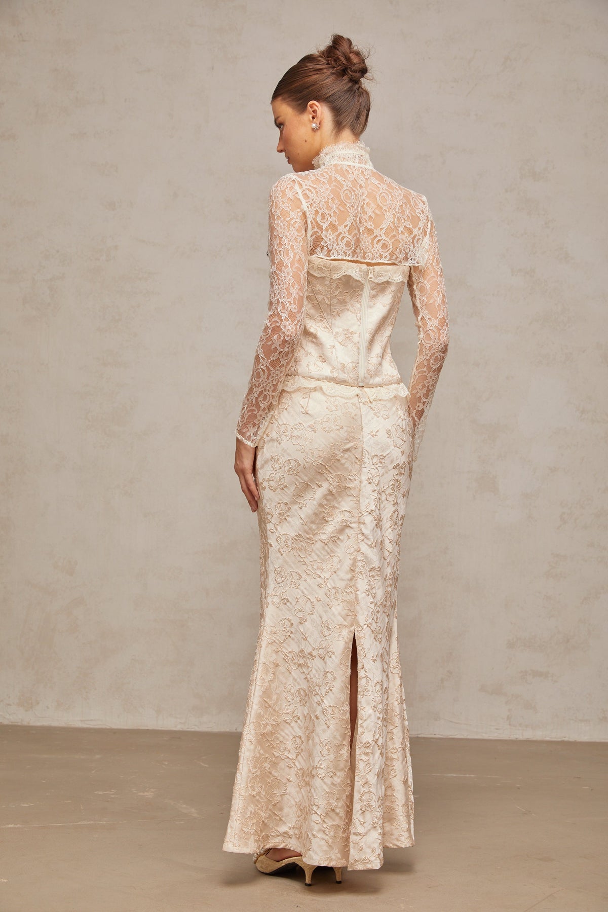 Zoéline ivory patterned-jacquard top & skirt matching set