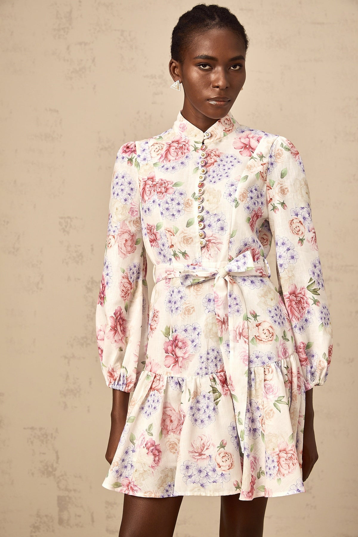 Maia tied-waist floral-print mini dress in White