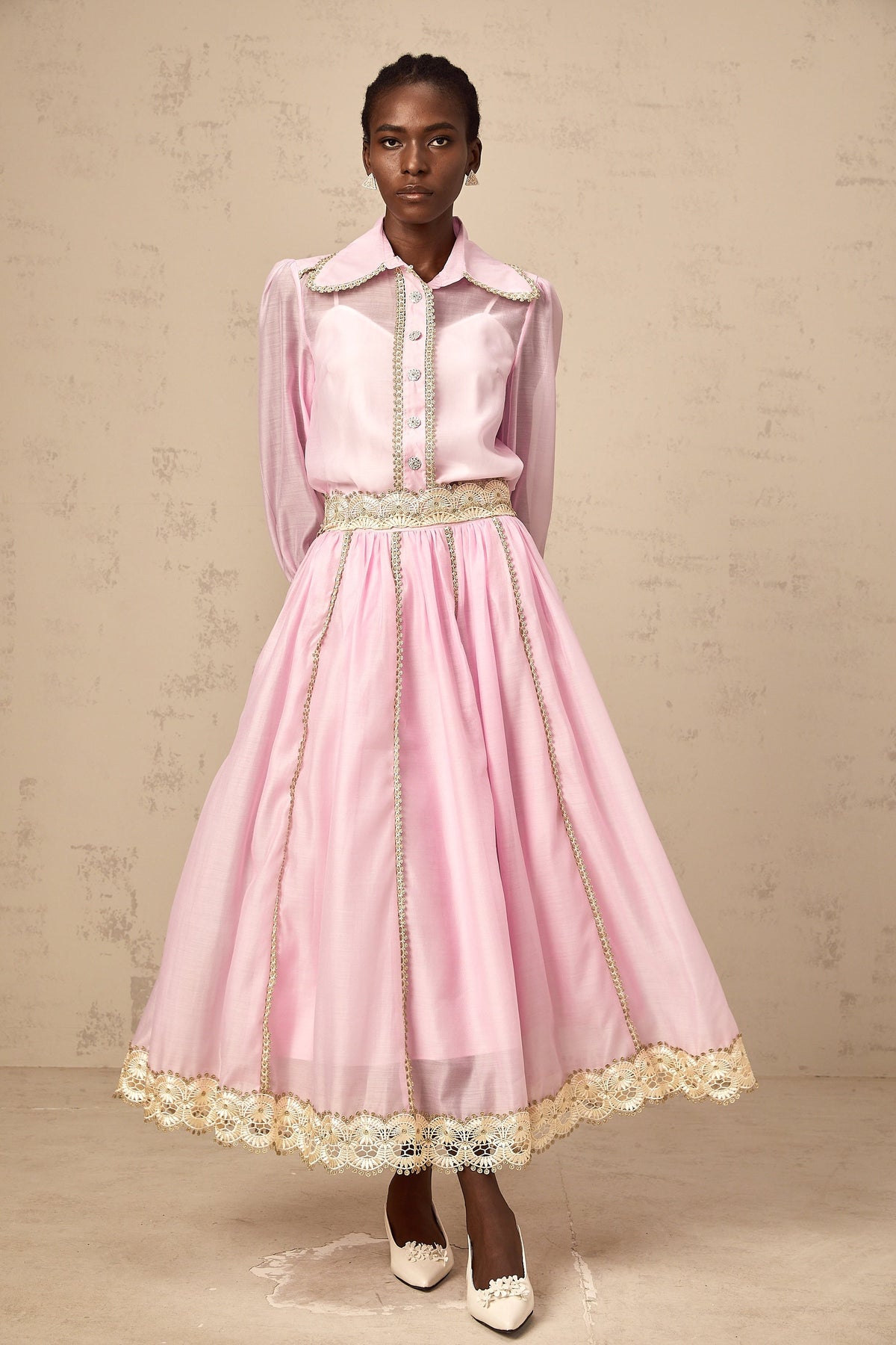 Frida pink lace-trim shirt & skirt matching set