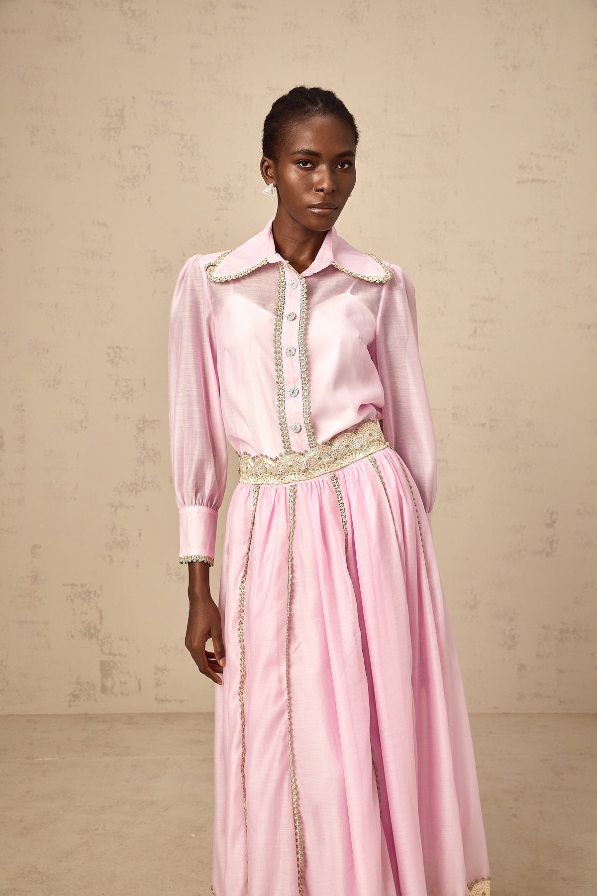 Frida pink lace-trim shirt & skirt matching set
