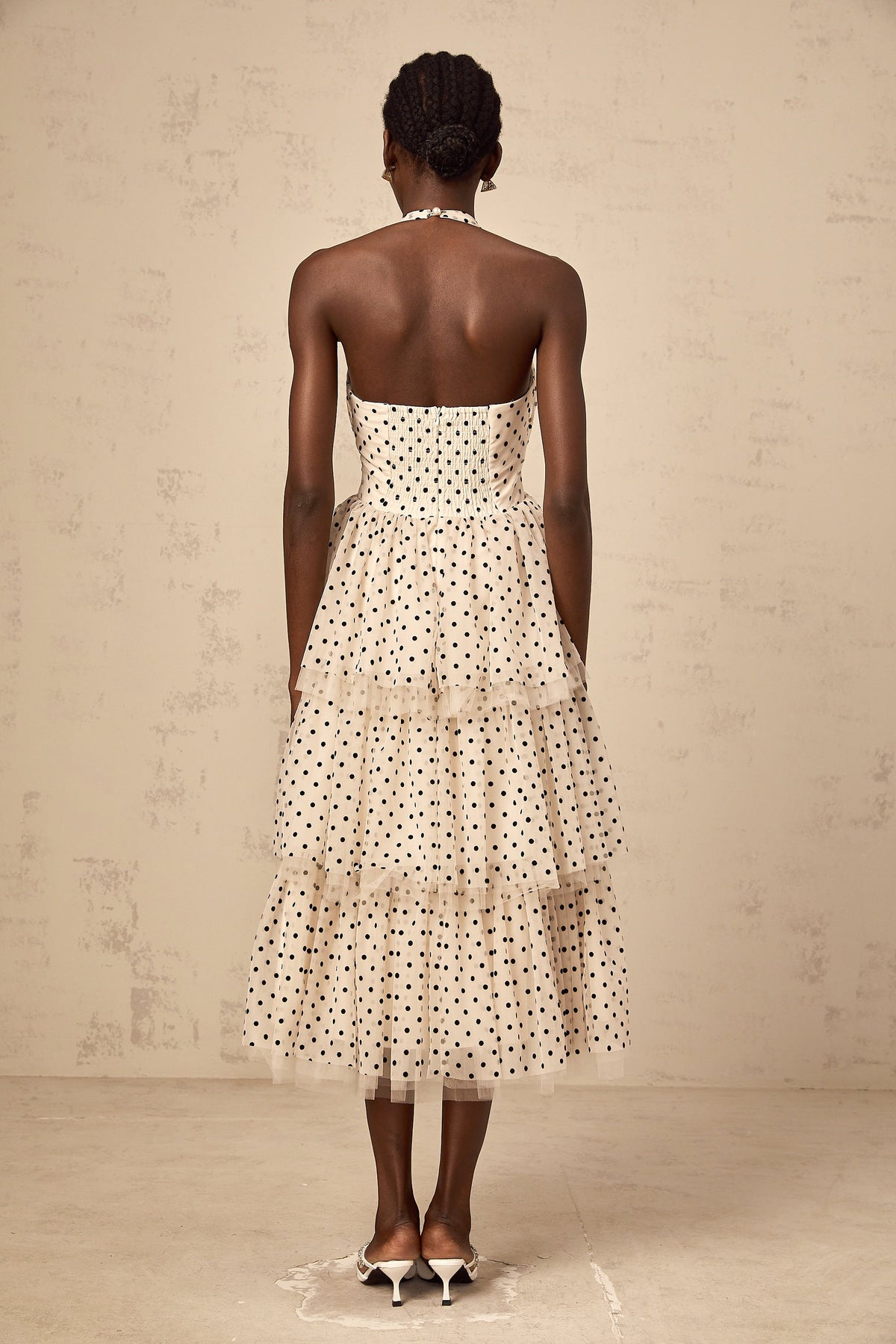 Philae ivory polka-dot tiered midi dress