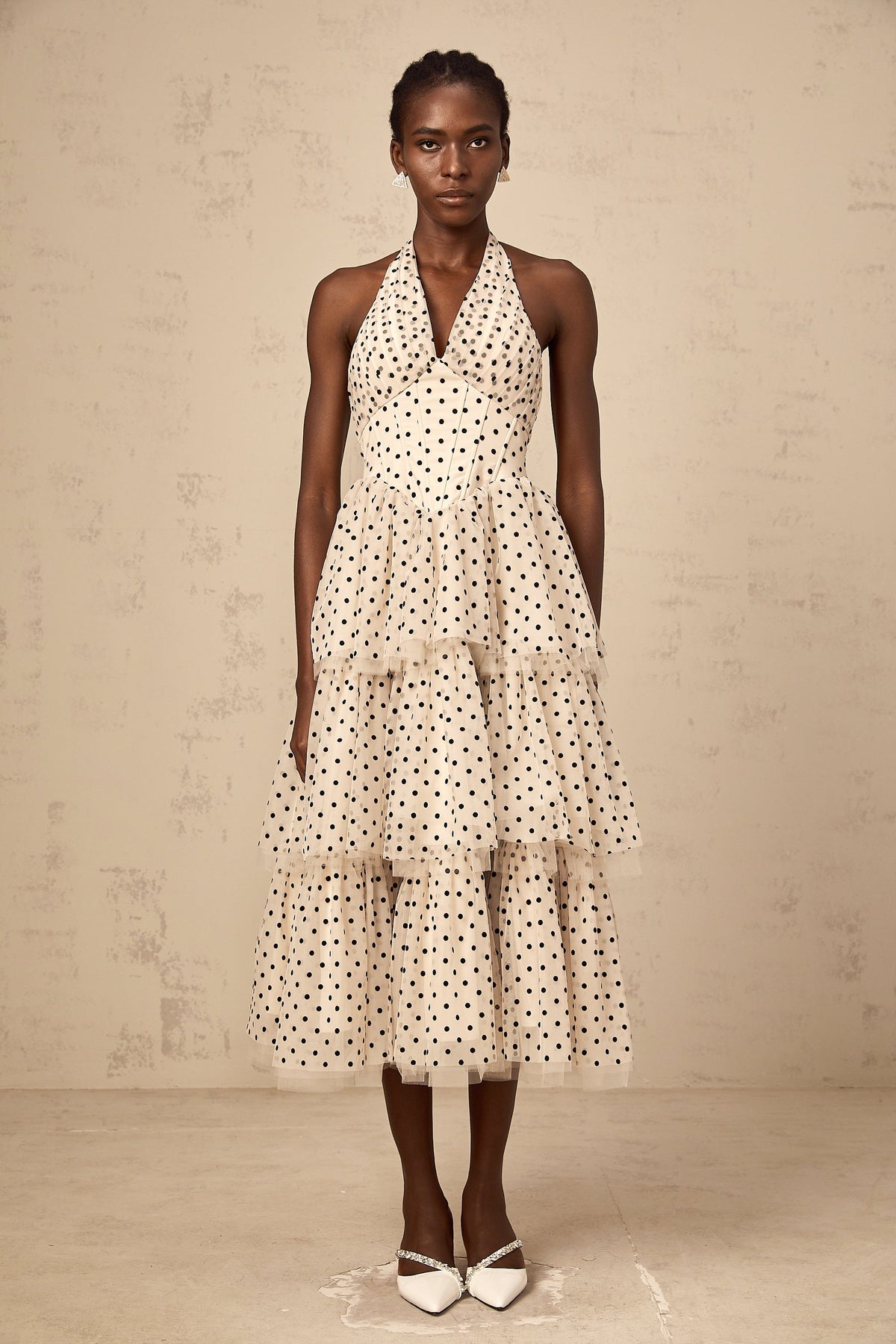 Philae ivory polka-dot tiered midi dress