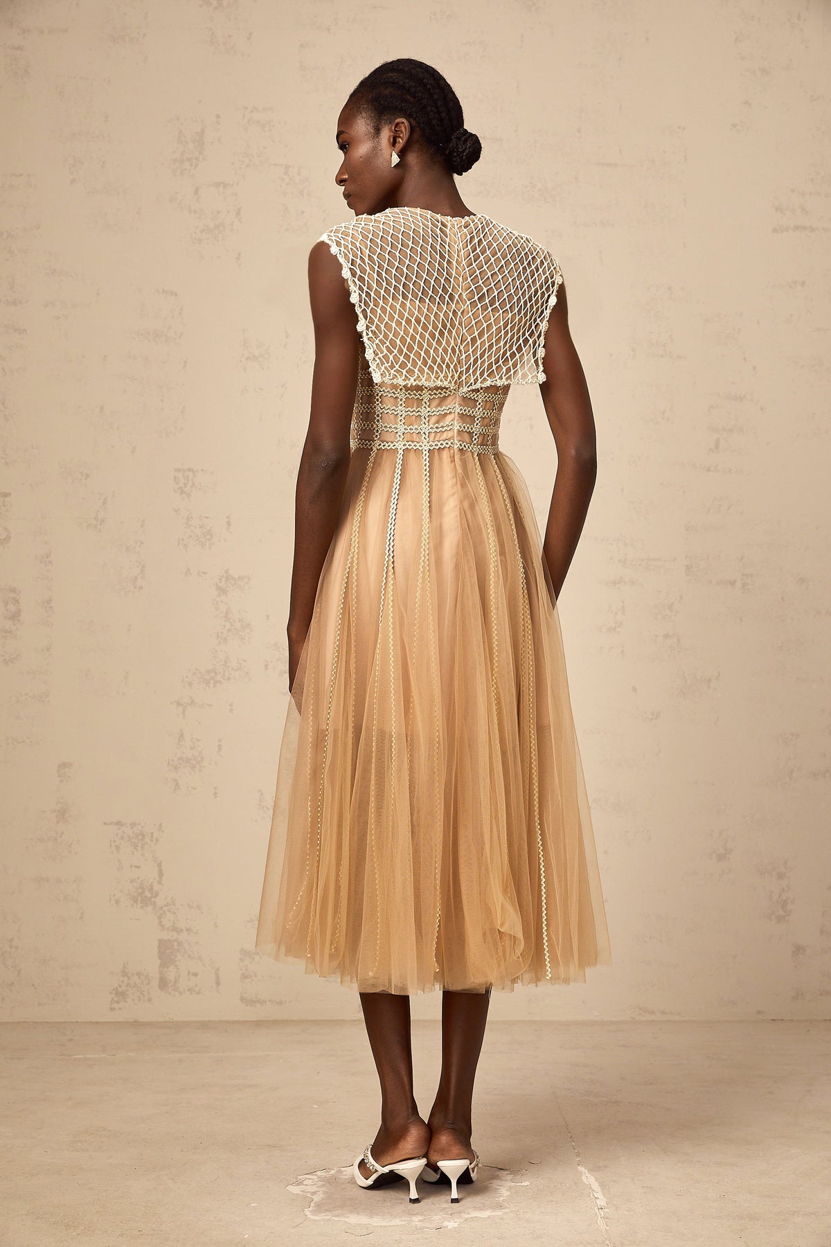 Léonor neutrals lace-panel tulle midi dress