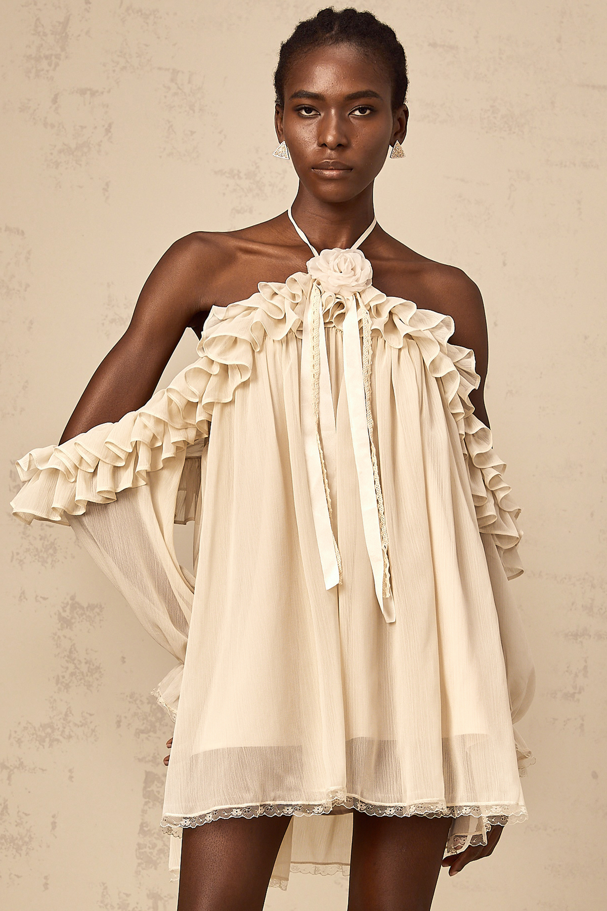 Cosette neutrals floral-appliqué ruffled mini dress