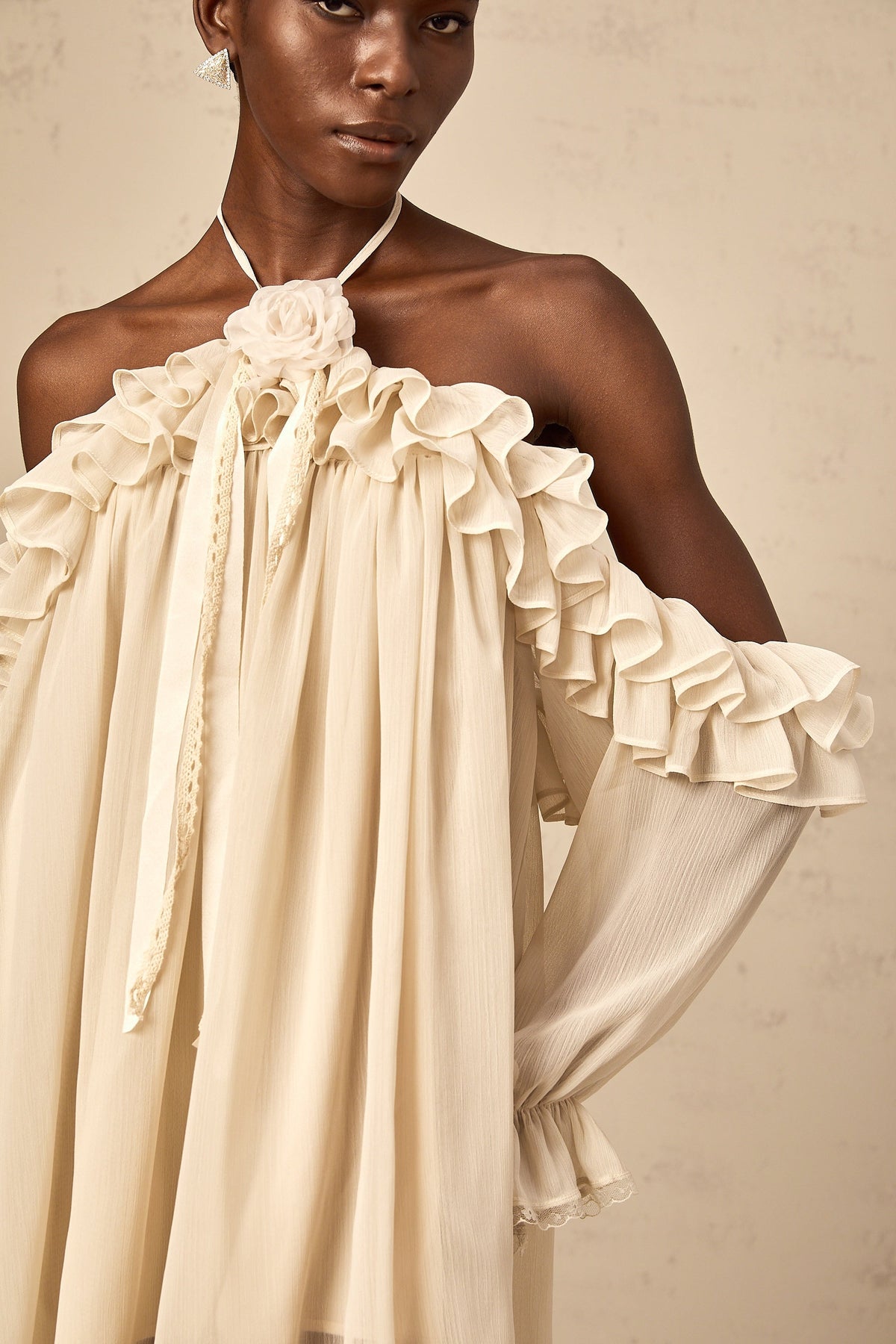 Cosette neutrals floral-appliqué ruffled mini dress