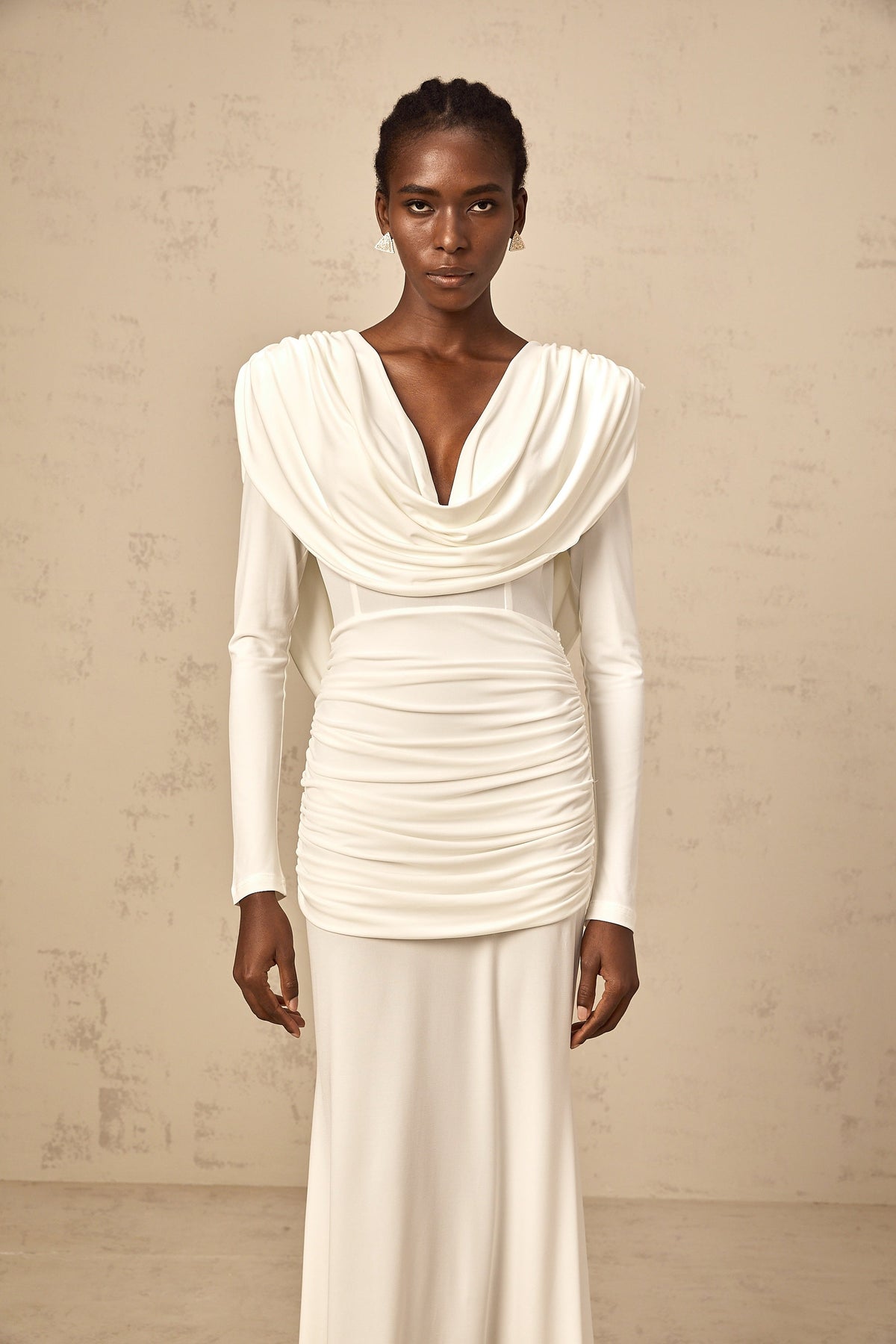Wanda white ruched fitted maxi dress (Final Sale)