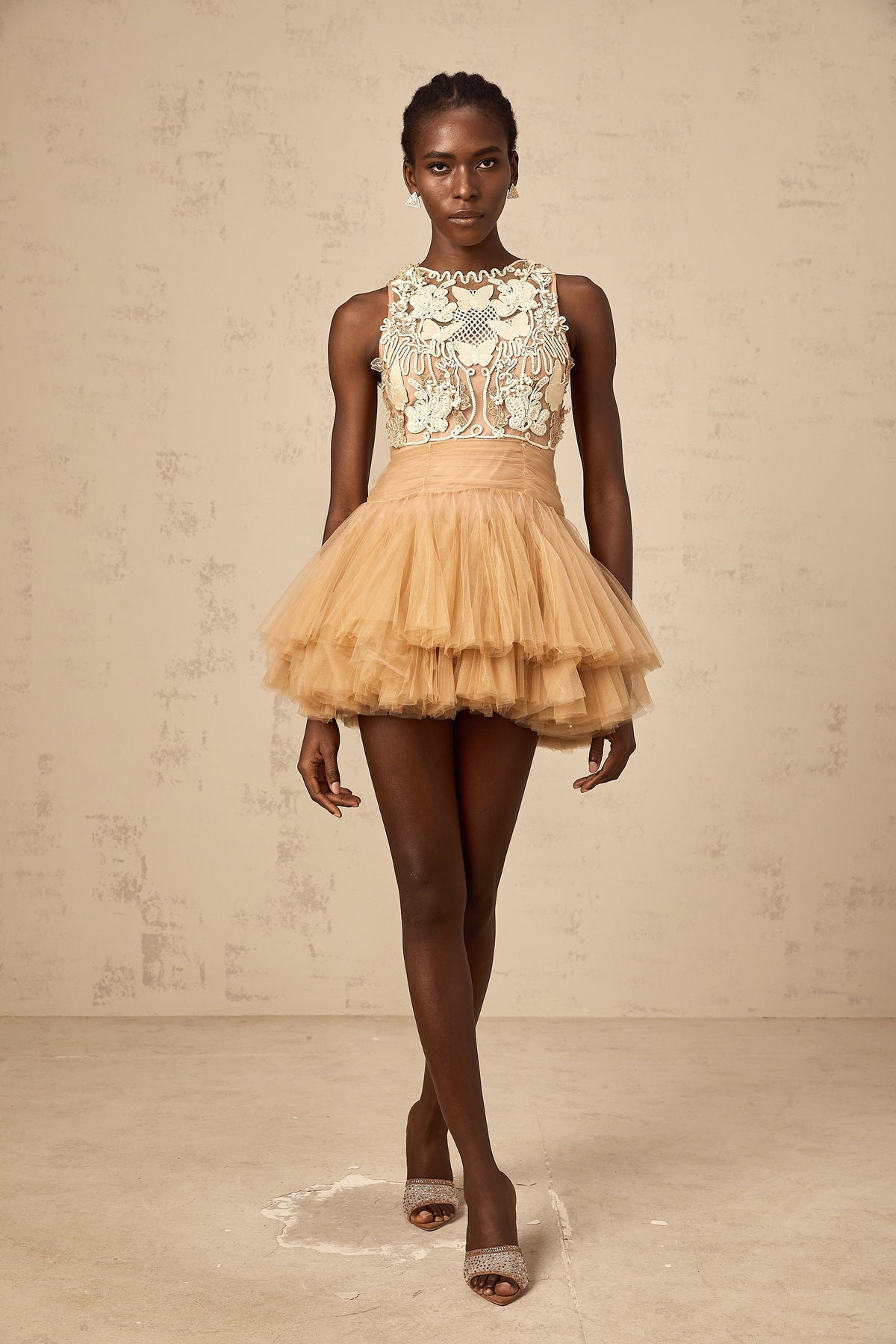 Candice khaki embellished corded-lace-panel tulle mini dress