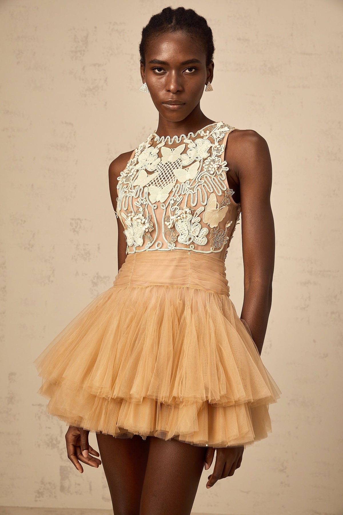 Candice khaki embellished corded-lace-panel tulle mini dress