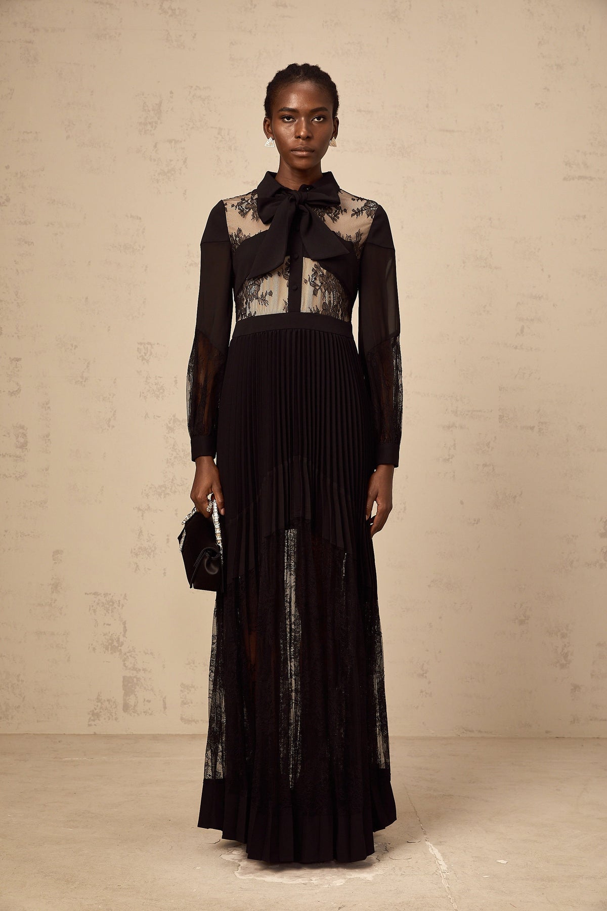 Ségolène black floral-lace-panel pleated maxi dress