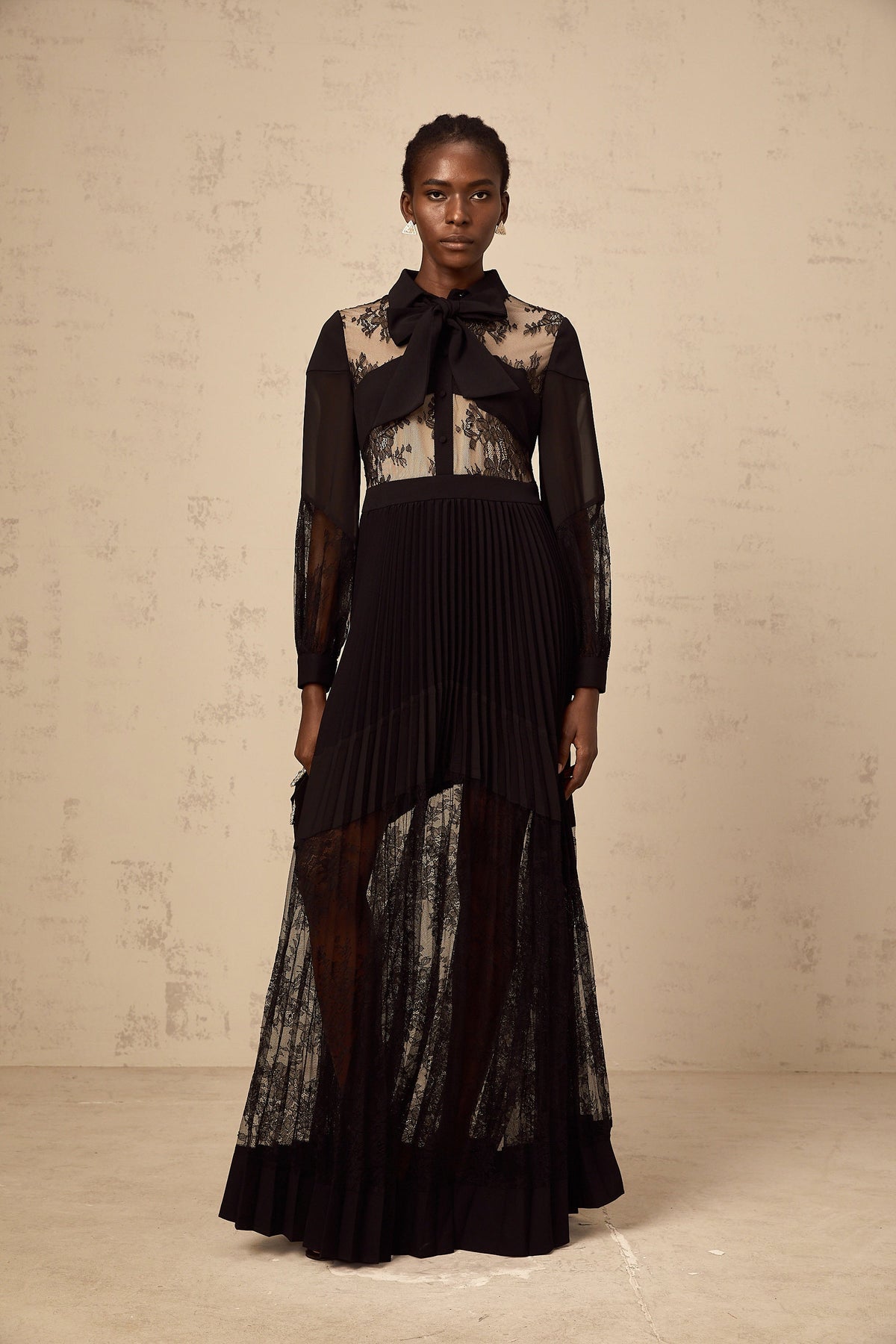 Ségolène black floral-lace-panel pleated maxi dress (Final Sale)