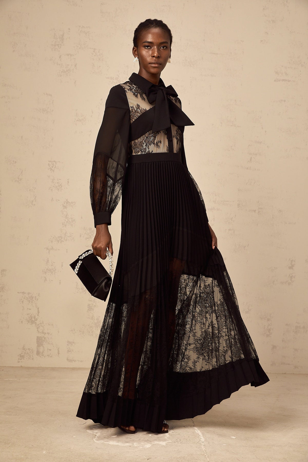 Ségolène black floral-lace-panel pleated maxi dress