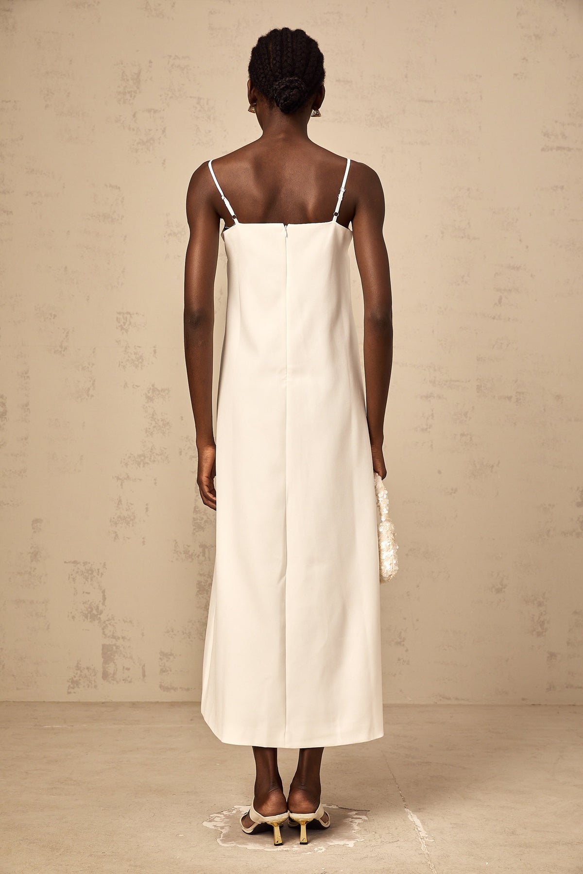 Véronique white 3d-petal sleeveless midi dress