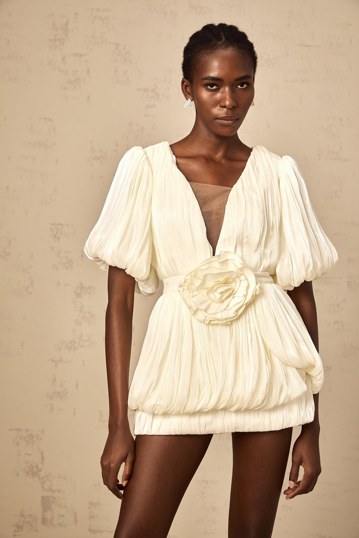 Nadège neutrals pleated floral-appliqué mini dress (Final Sale)