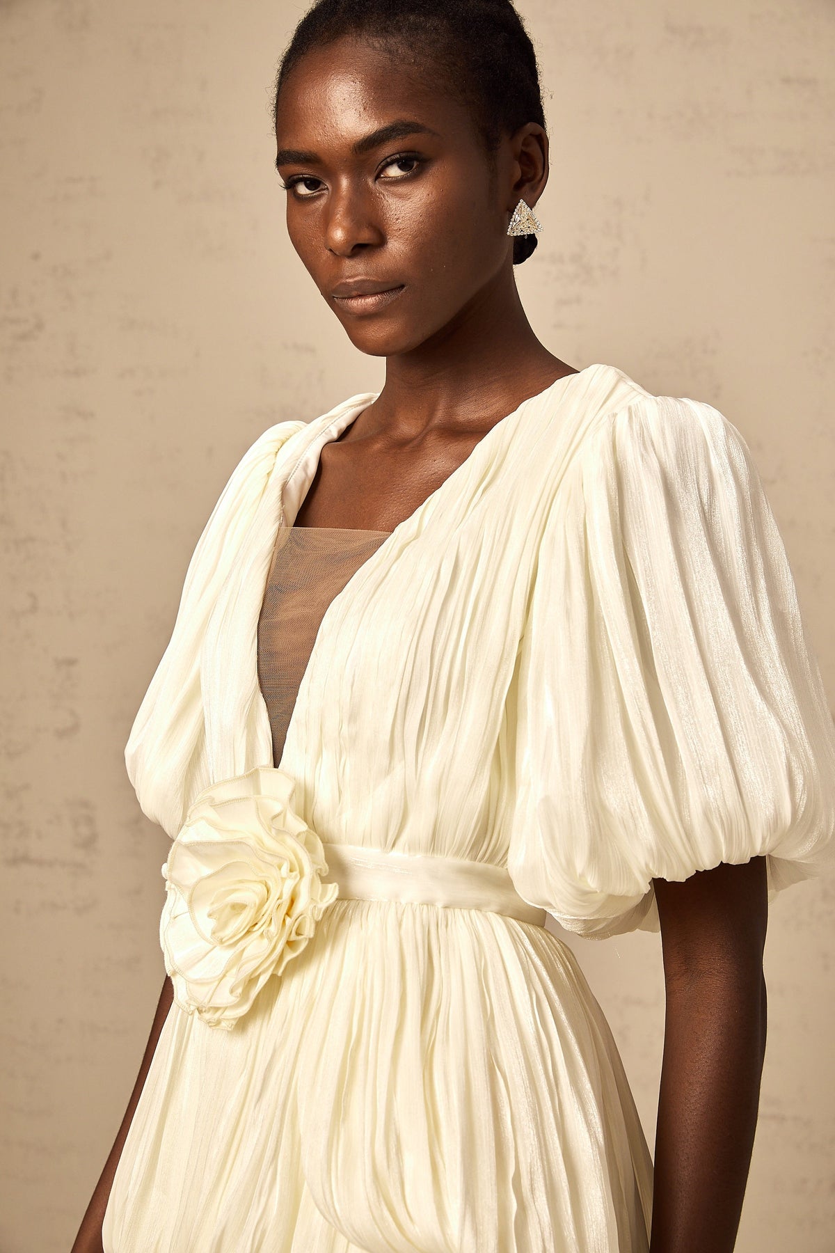 Nadège neutrals pleated floral-appliqué mini dress (Final Sale)