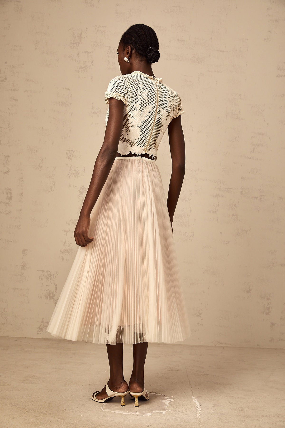 Perle neutrals floral-appliqué top & skirt matching set