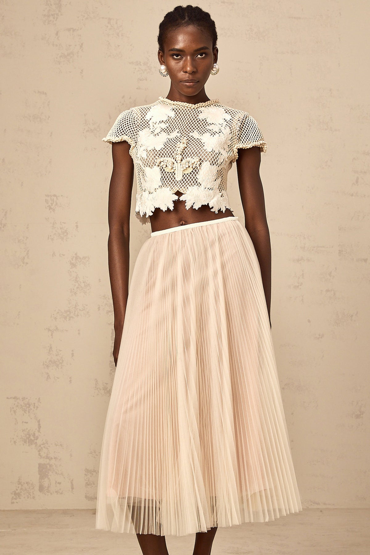 Perle neutrals floral-appliqué top & skirt matching set