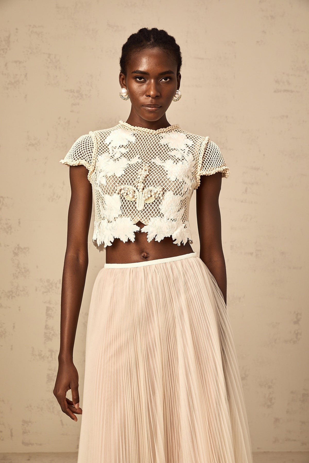 Perle neutrals floral-appliqué top & skirt matching set