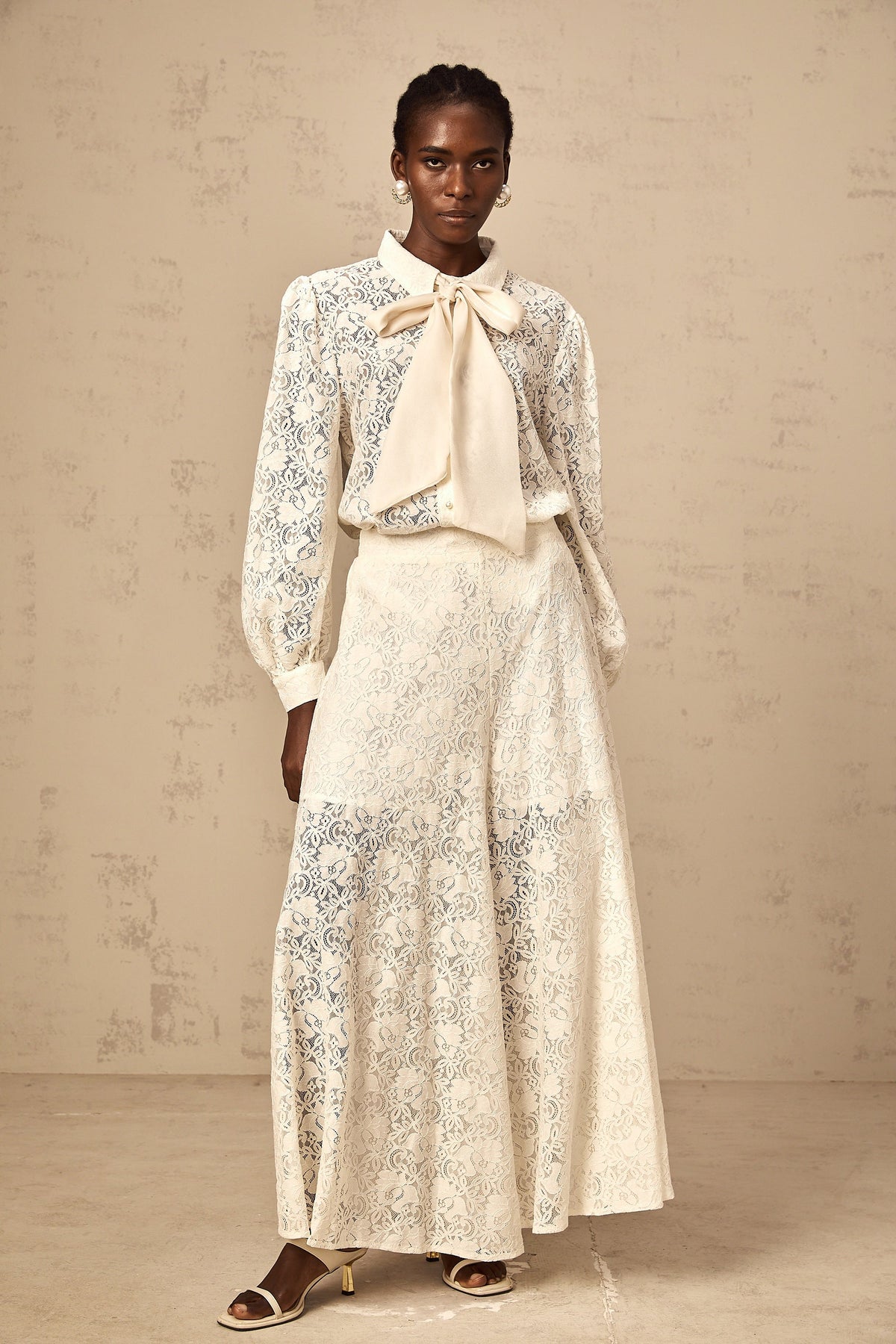 Vanessa white guipure-lace shirt & trousers matching set