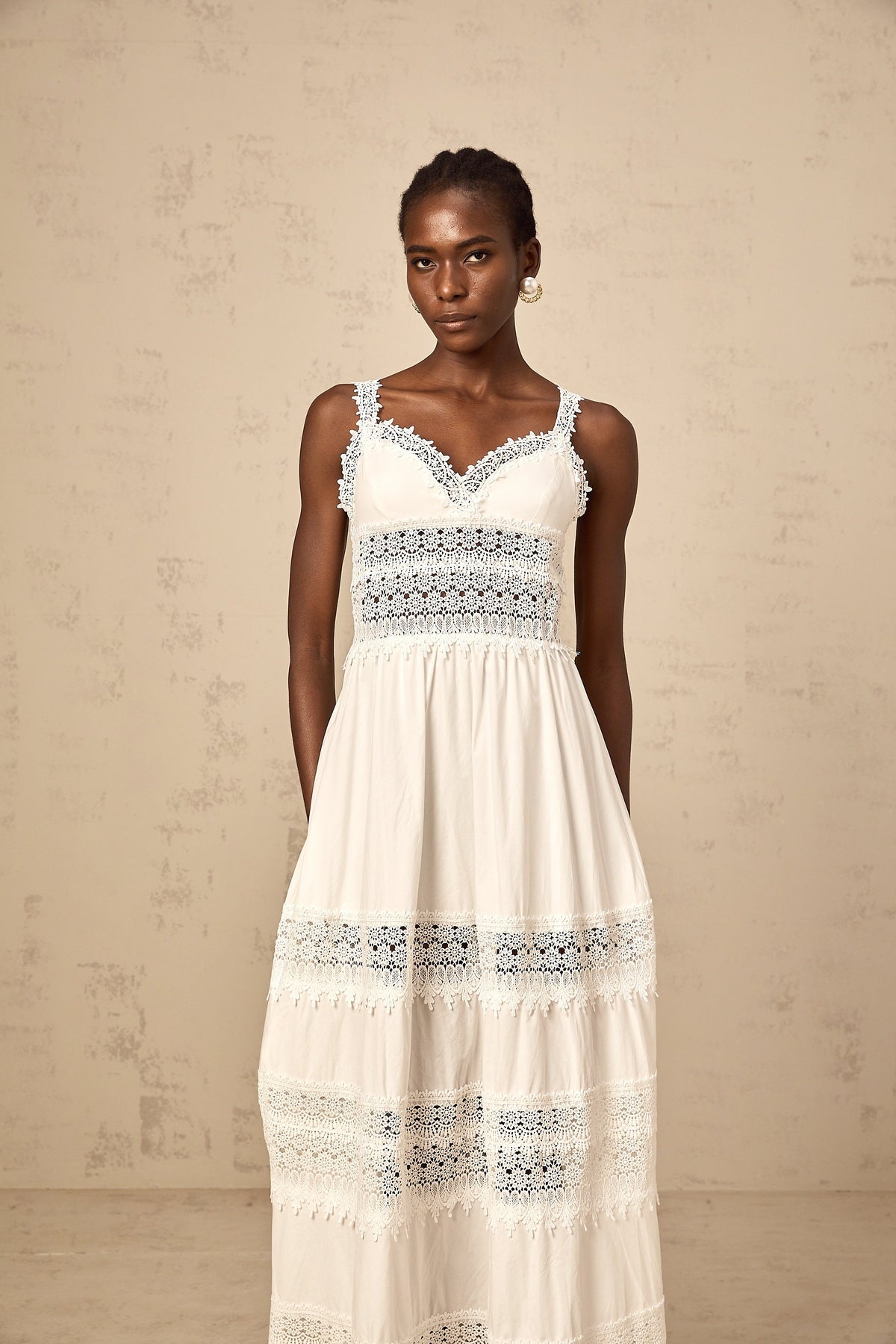Prunelle white hollow-detail lace midi dress