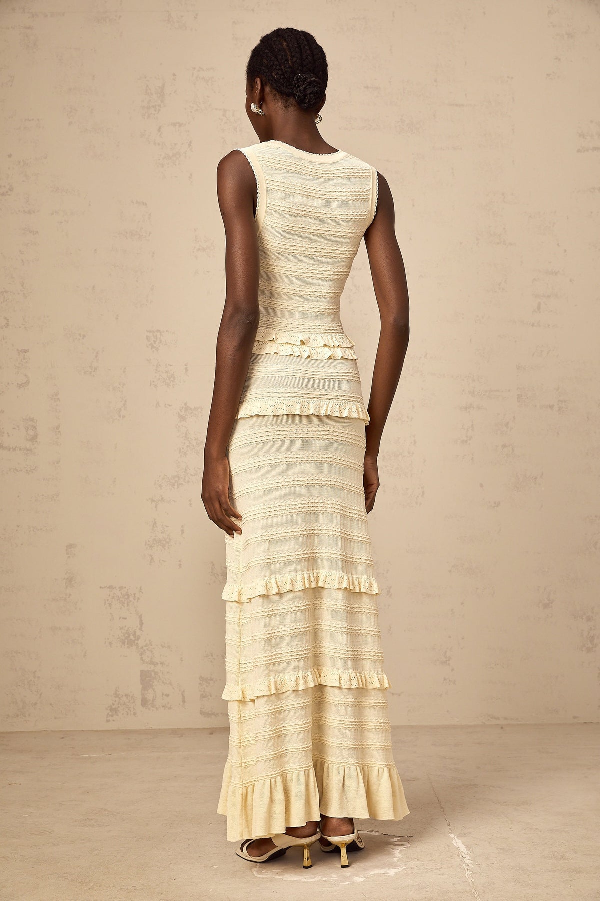 Airelle beige ruffled sleeveless knit maxi dress