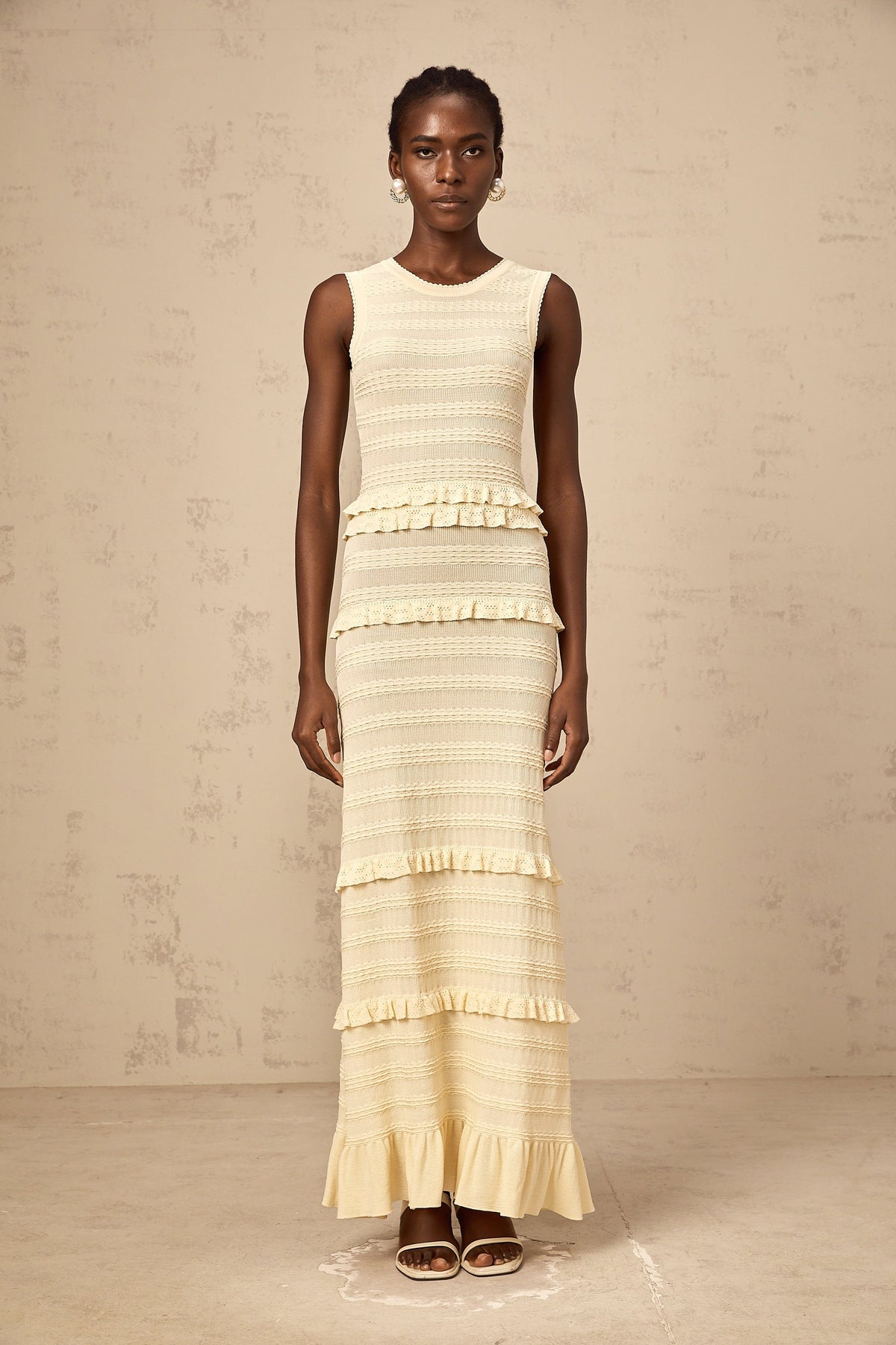 Airelle beige ruffled sleeveless knit maxi dress