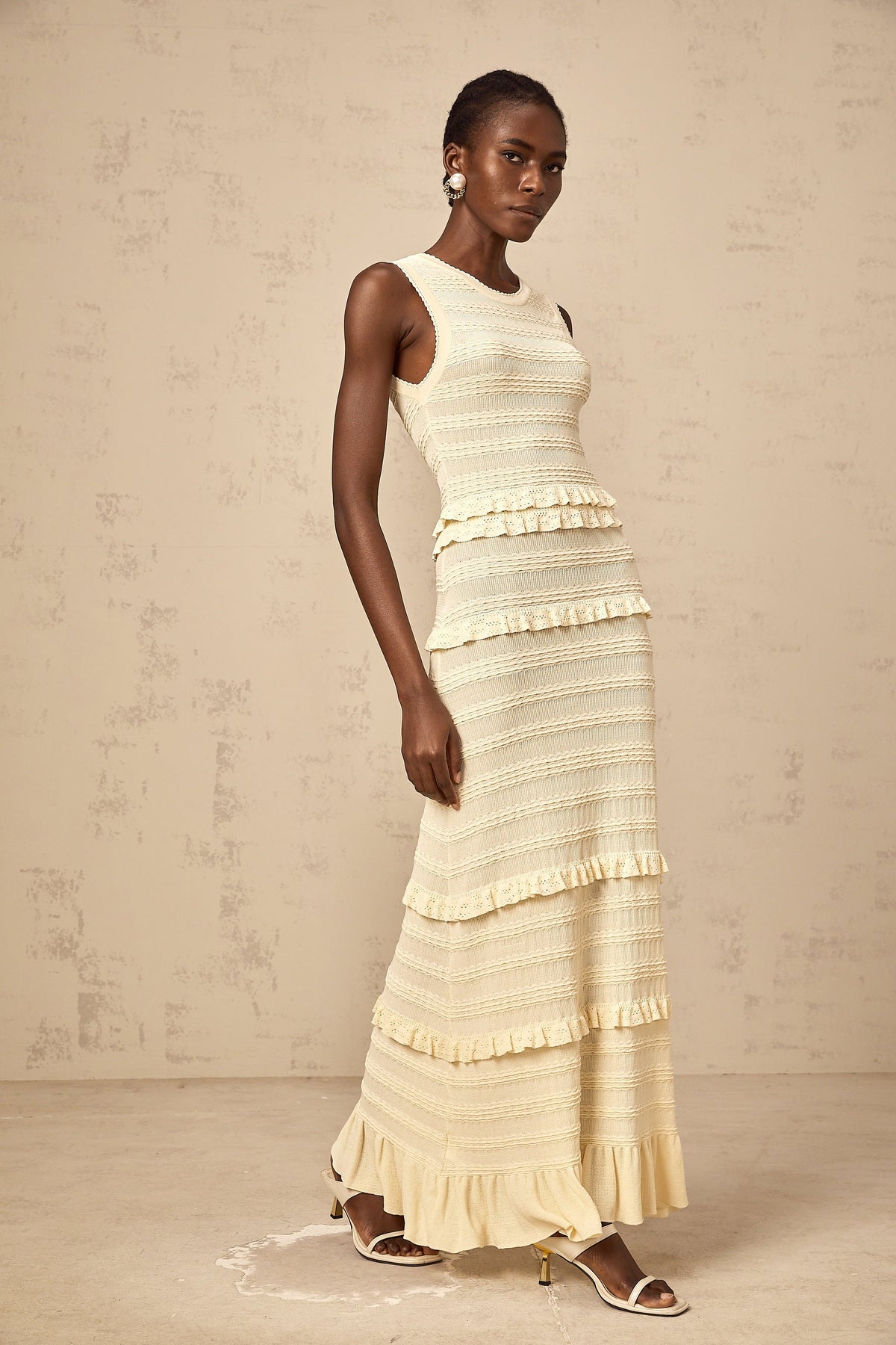 Airelle beige ruffled sleeveless knit maxi dress