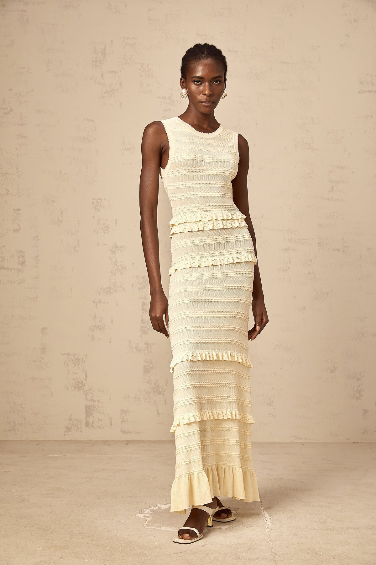 Airelle beige ruffled sleeveless knit maxi dress