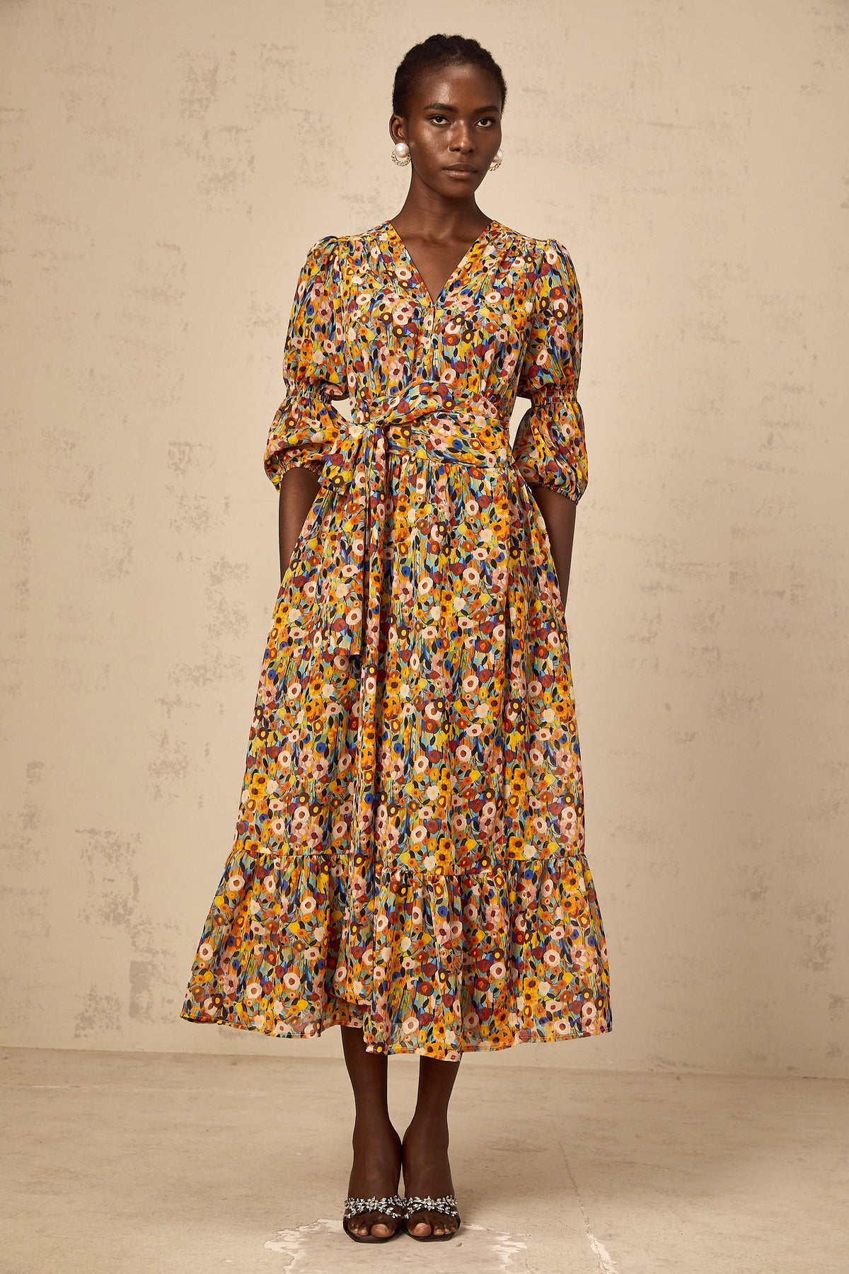 Éliane yellow V-neck floral-print midi dress