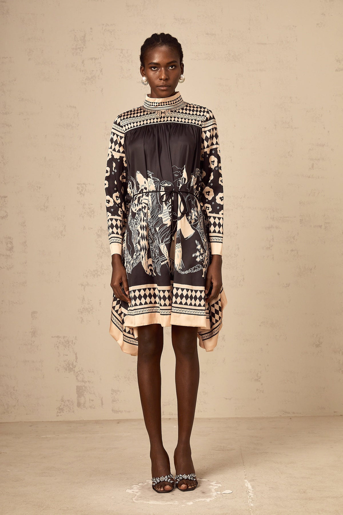 Ingrid black pattern-print tied mini dress