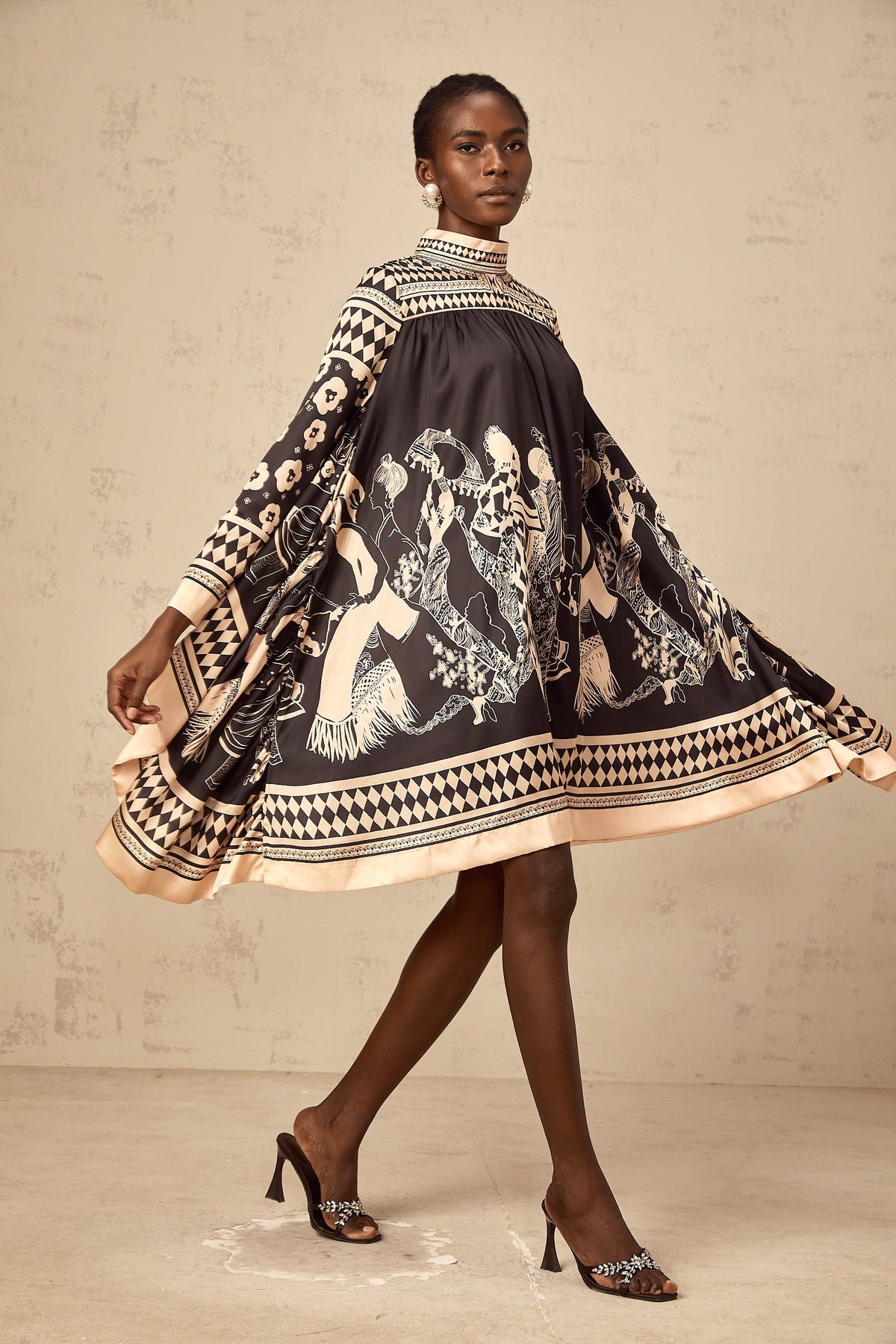 Ingrid black pattern-print tied mini dress