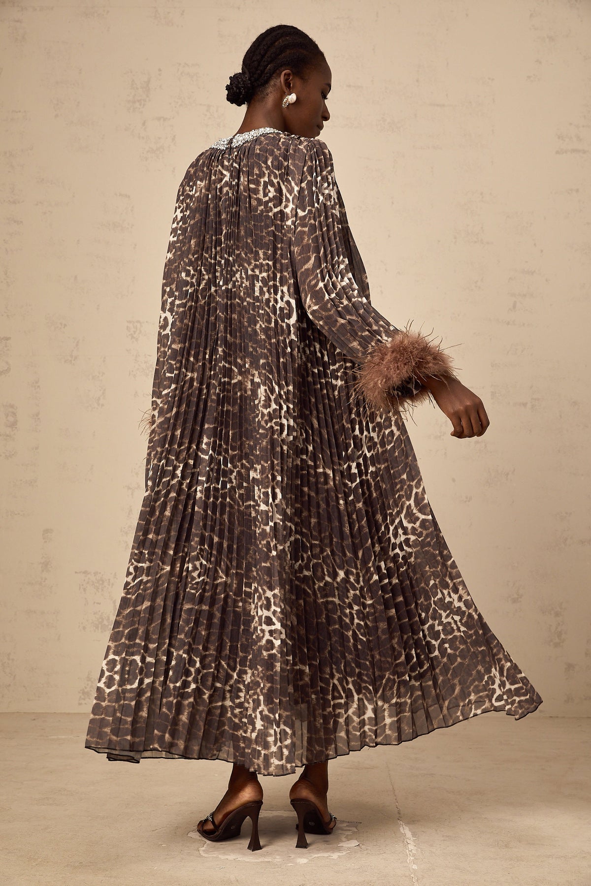 Marthe brown embellished leopard-print pleated midi dress