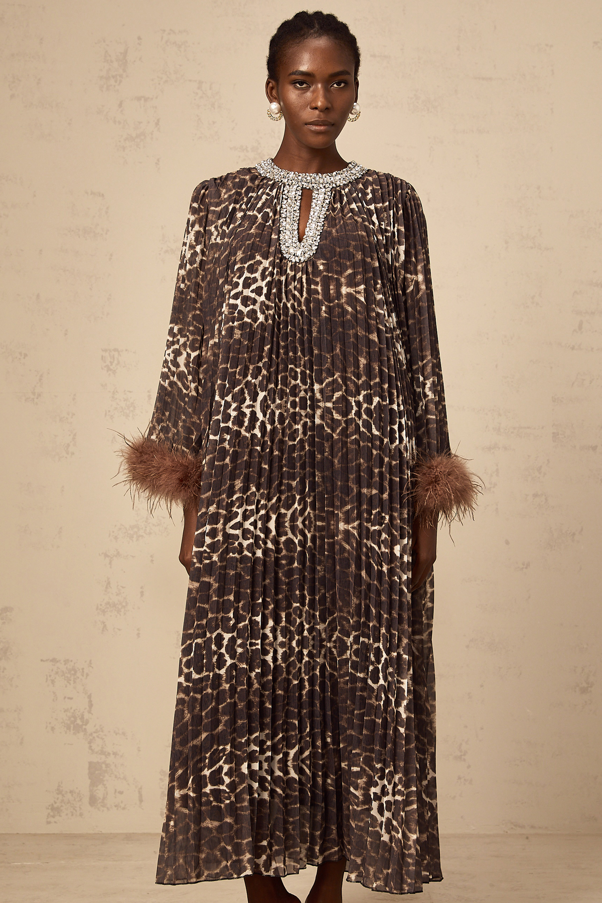 Marthe brown embellished leopard-print pleated midi dress