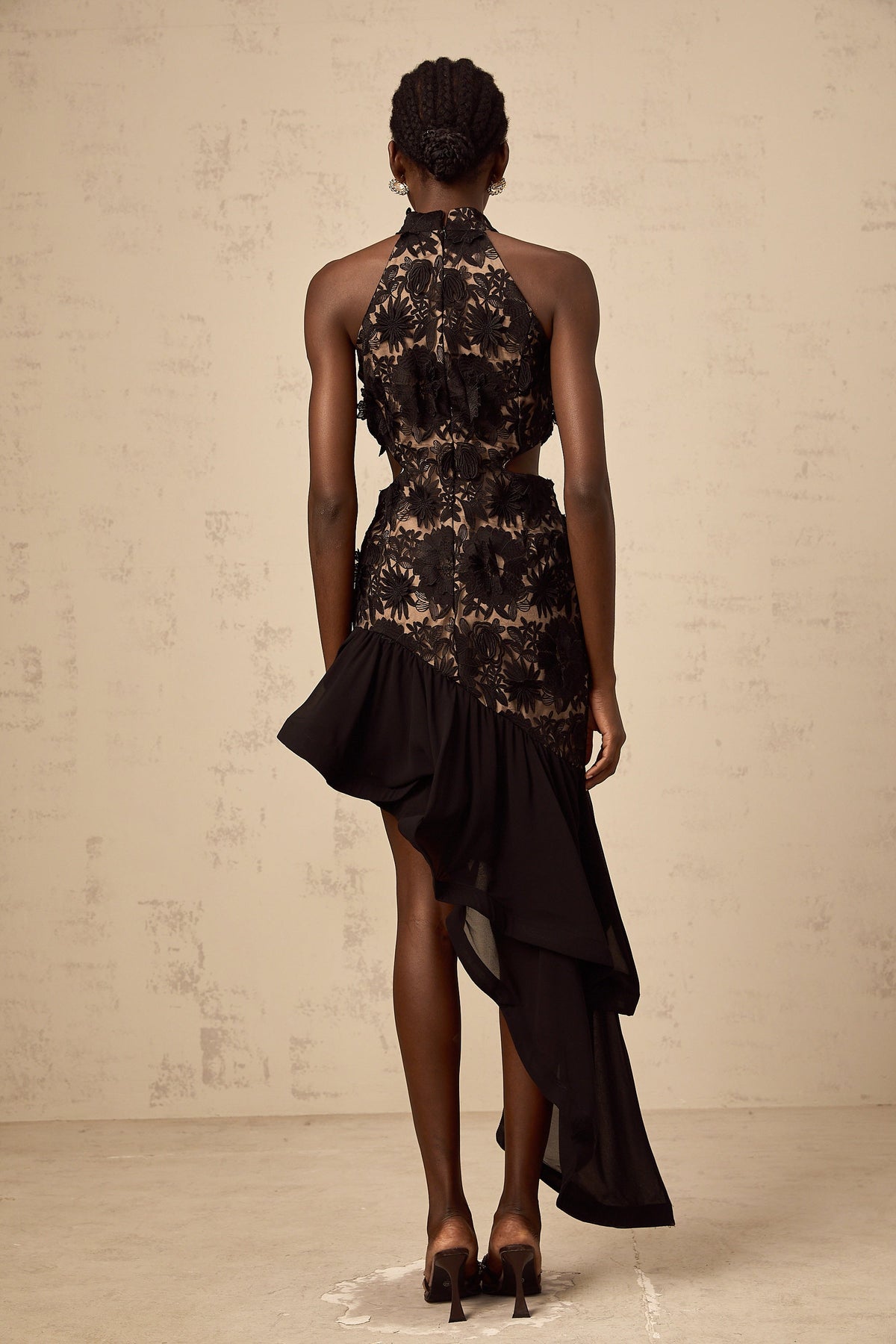Bernadette black floral-appliqué asymmetrical midi dress (Final Sale)