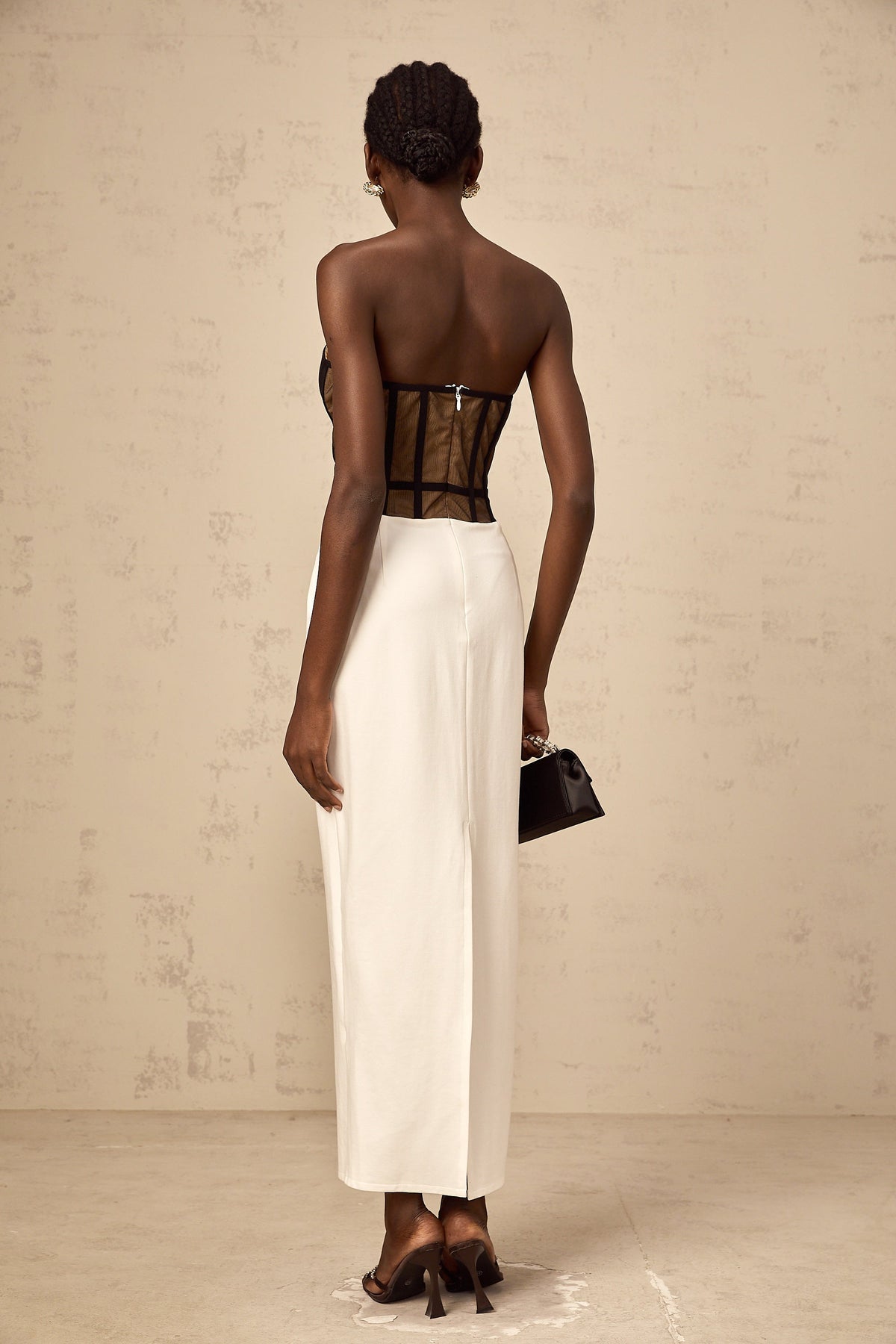 Enora contrast-color sheer corset maxi dress