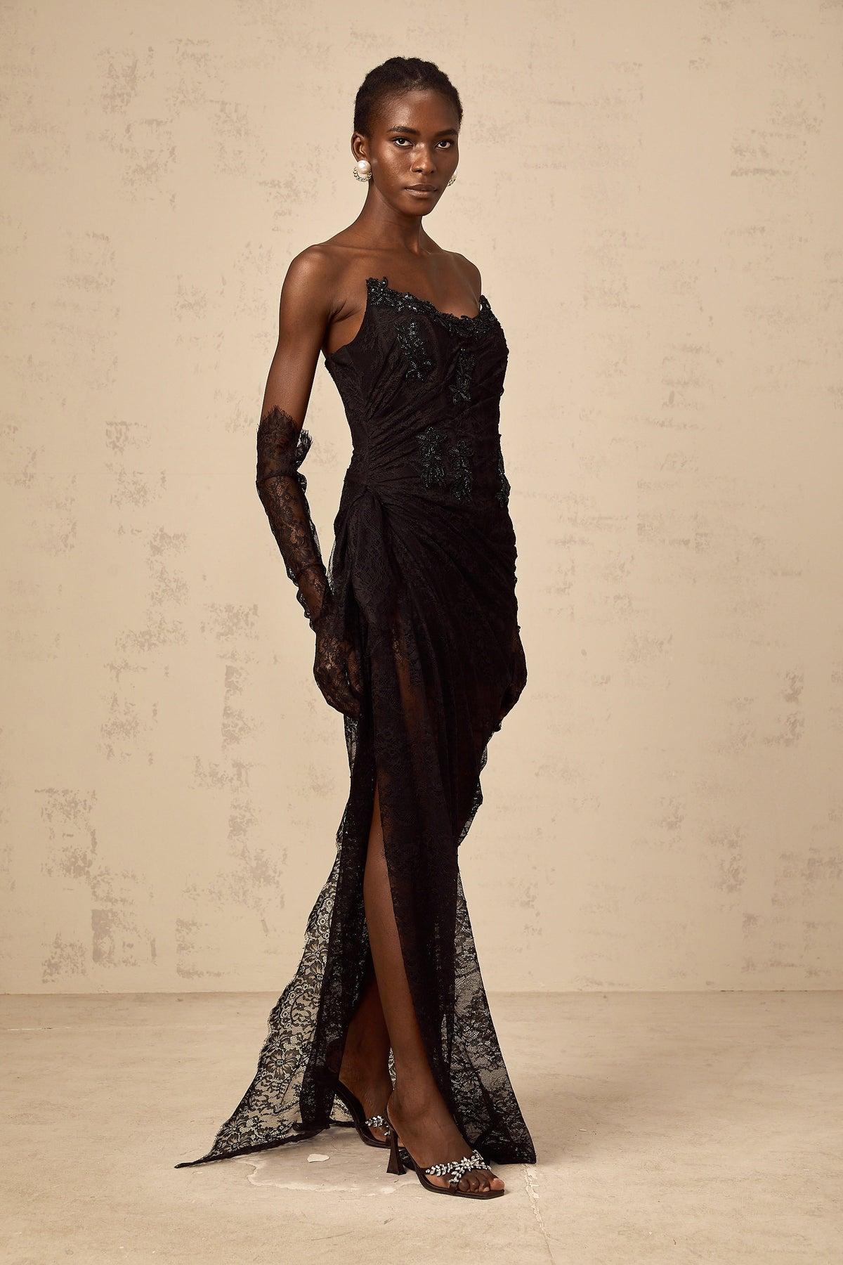 Sylvie black beaded asymmetrical lace maxi dress (Final Sale-US Only)