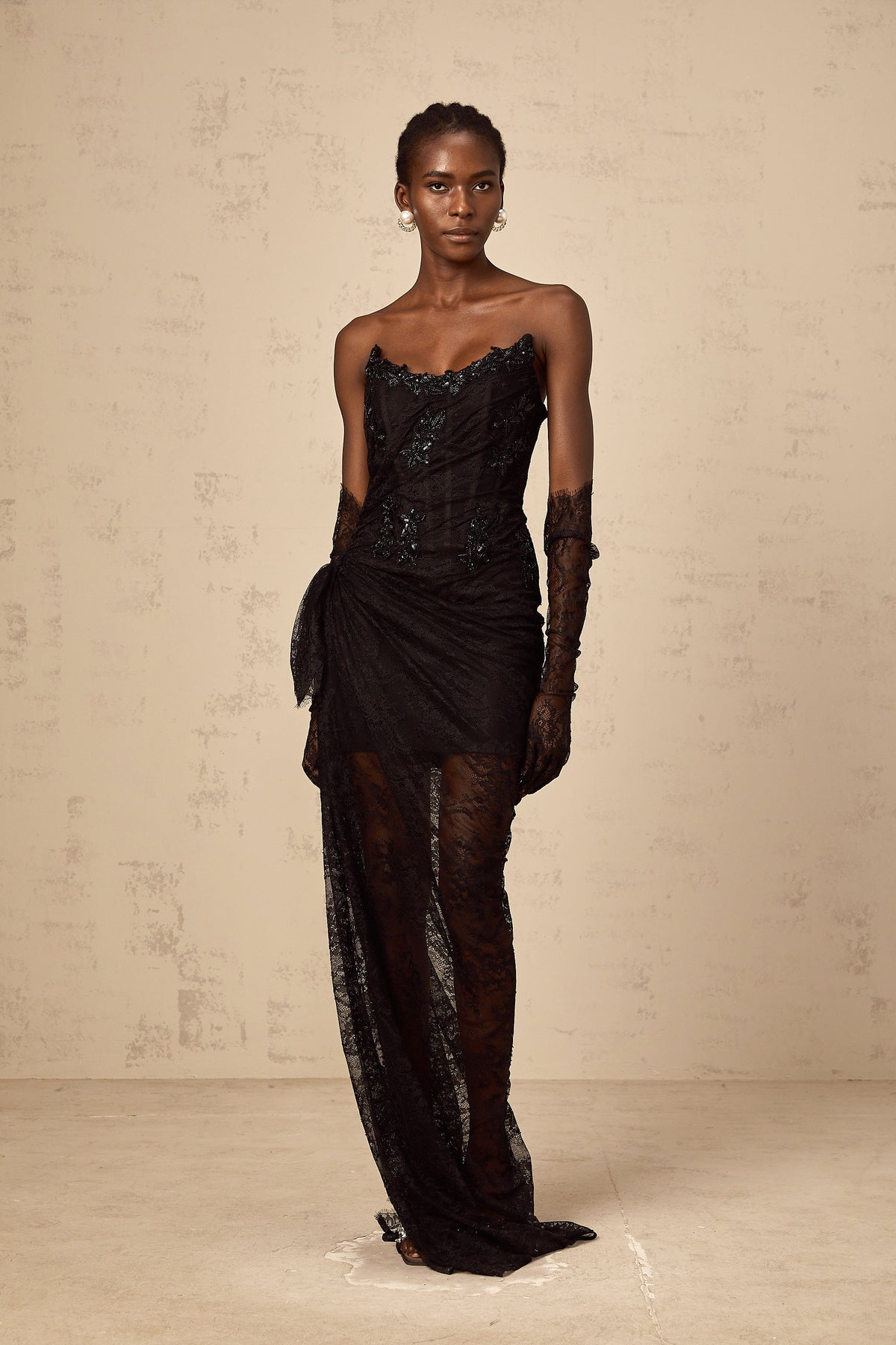 Sylvie black beaded asymmetrical lace maxi dress (Final Sale)