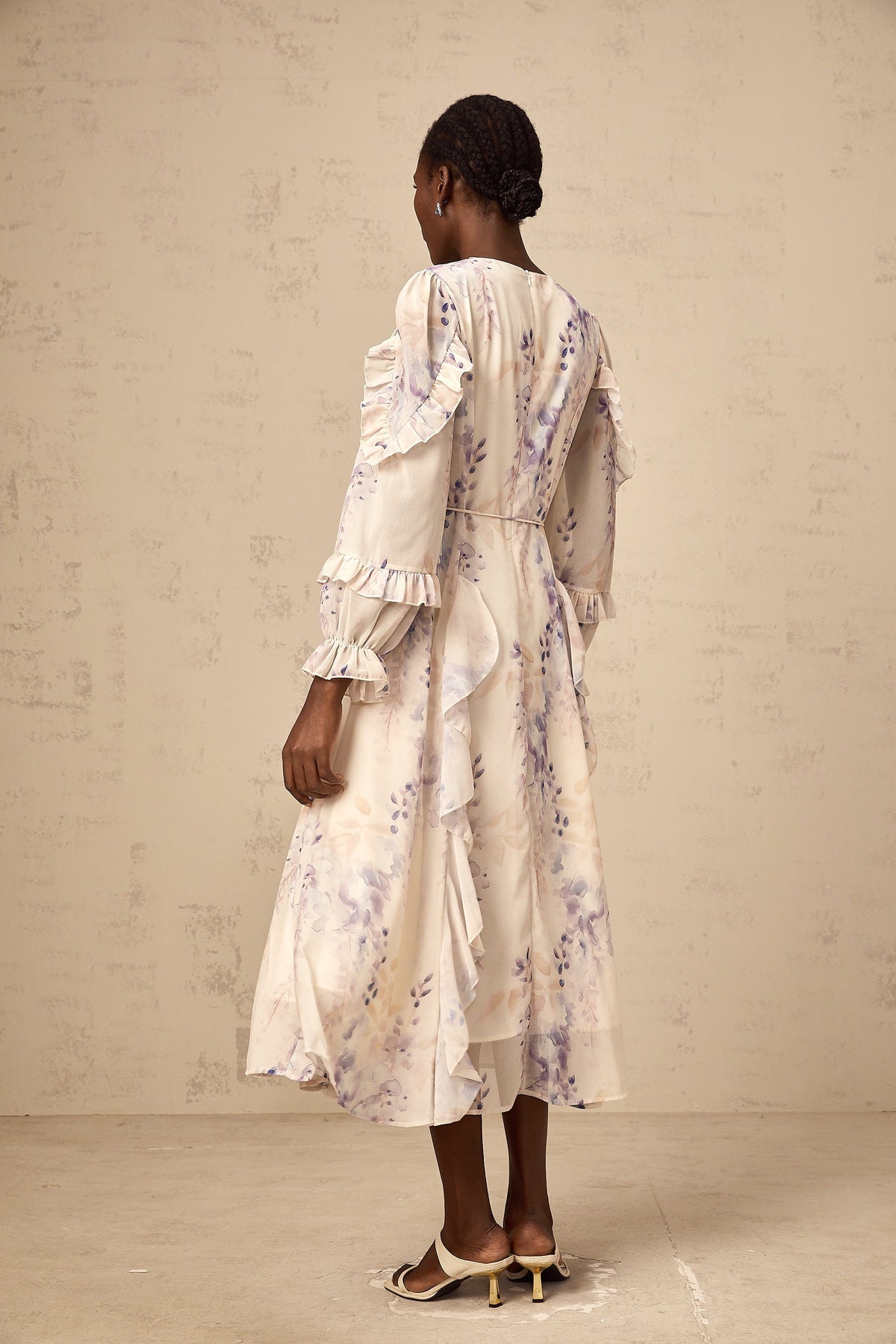 Vivien neutrals wistaria-print flared midi dress