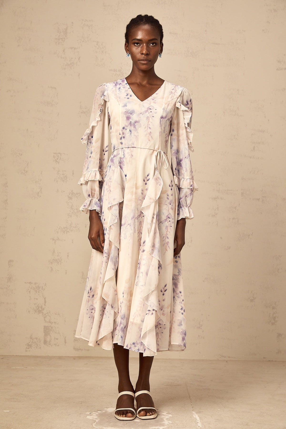 Vivien neutrals wistaria-print flared midi dress