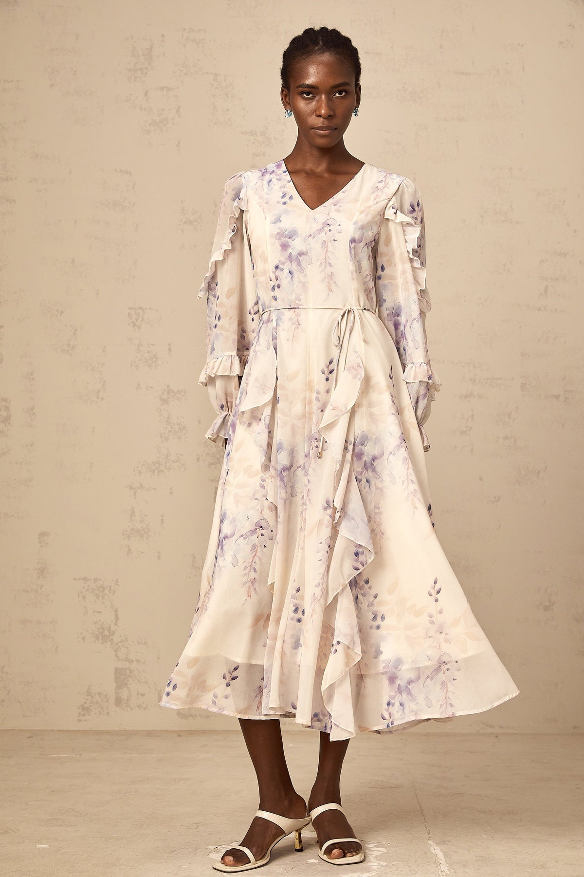 Vivien neutrals wistaria-print flared midi dress