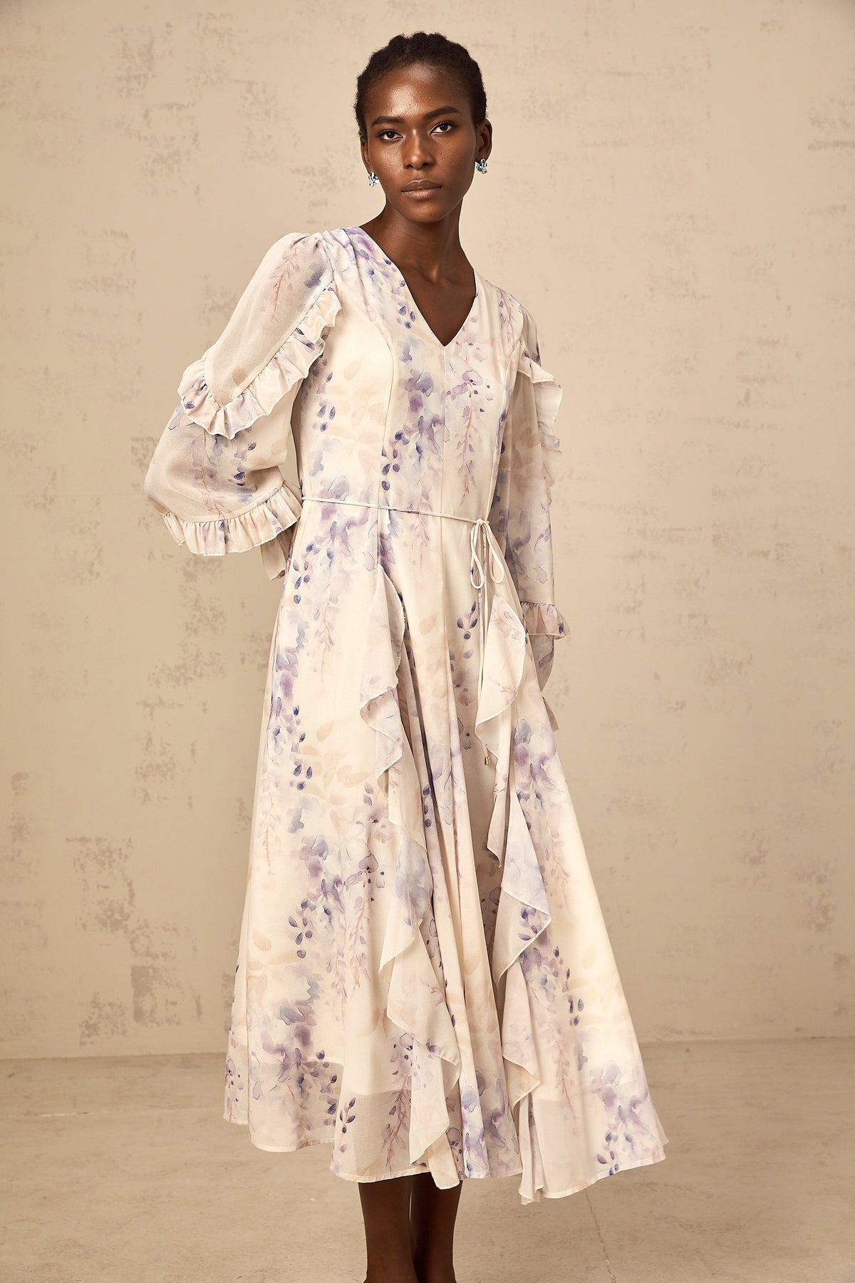 Vivien neutrals wistaria-print flared midi dress