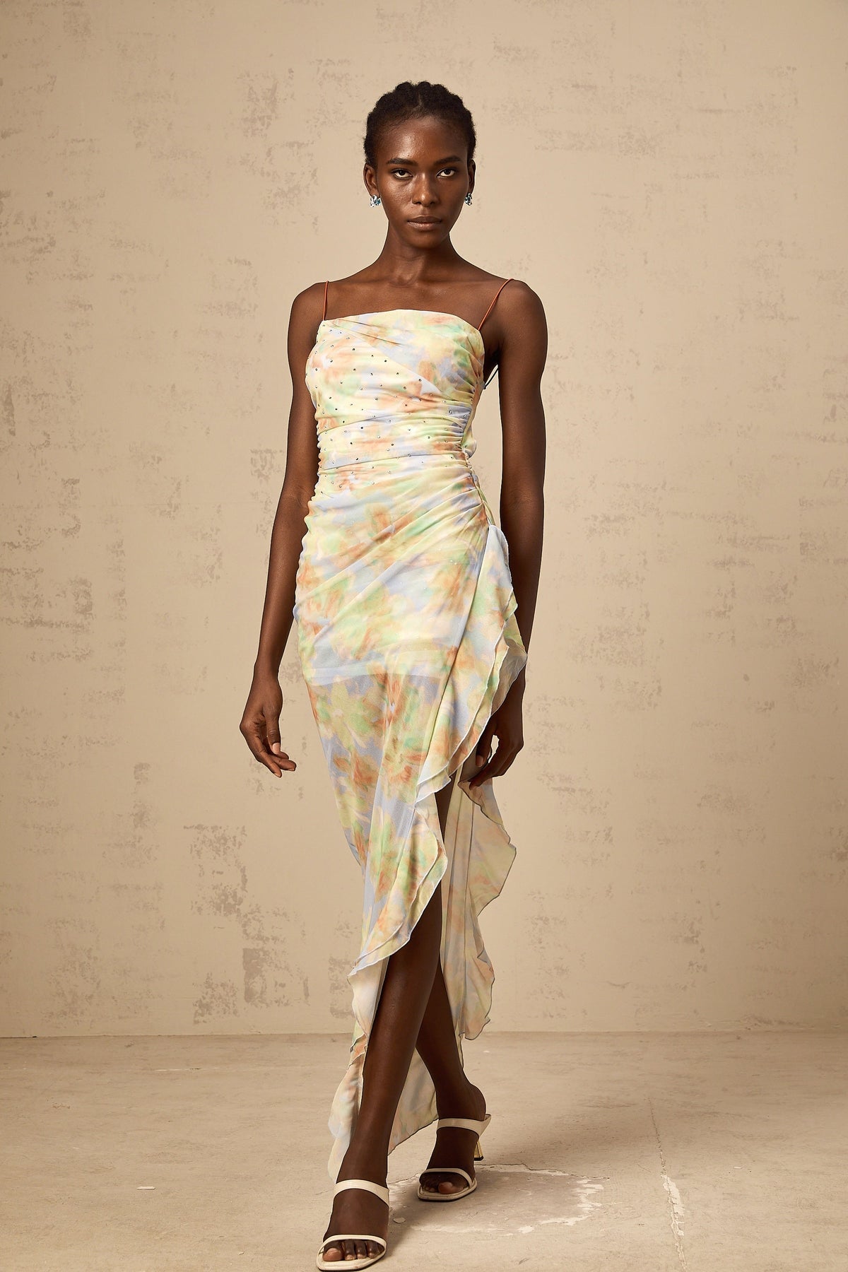 Yseult asymmetrical floral-print ruched maxi dress