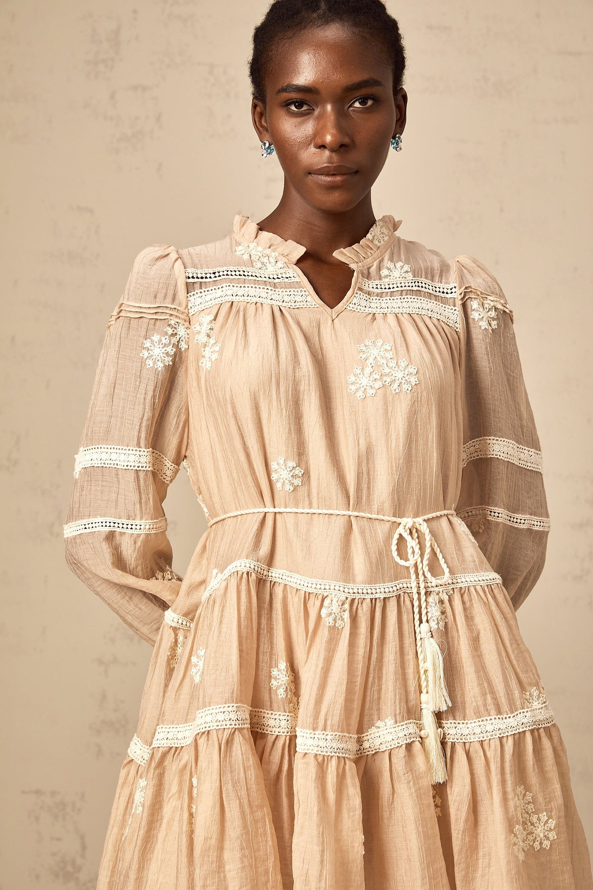 Margaux neutrals flower-embroidered tiered mini dress