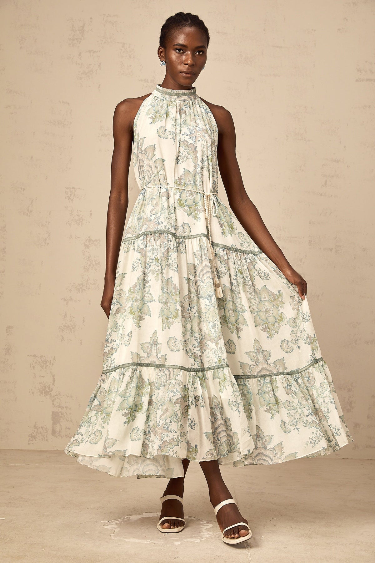 Ninon green floral-print pleated midi dress