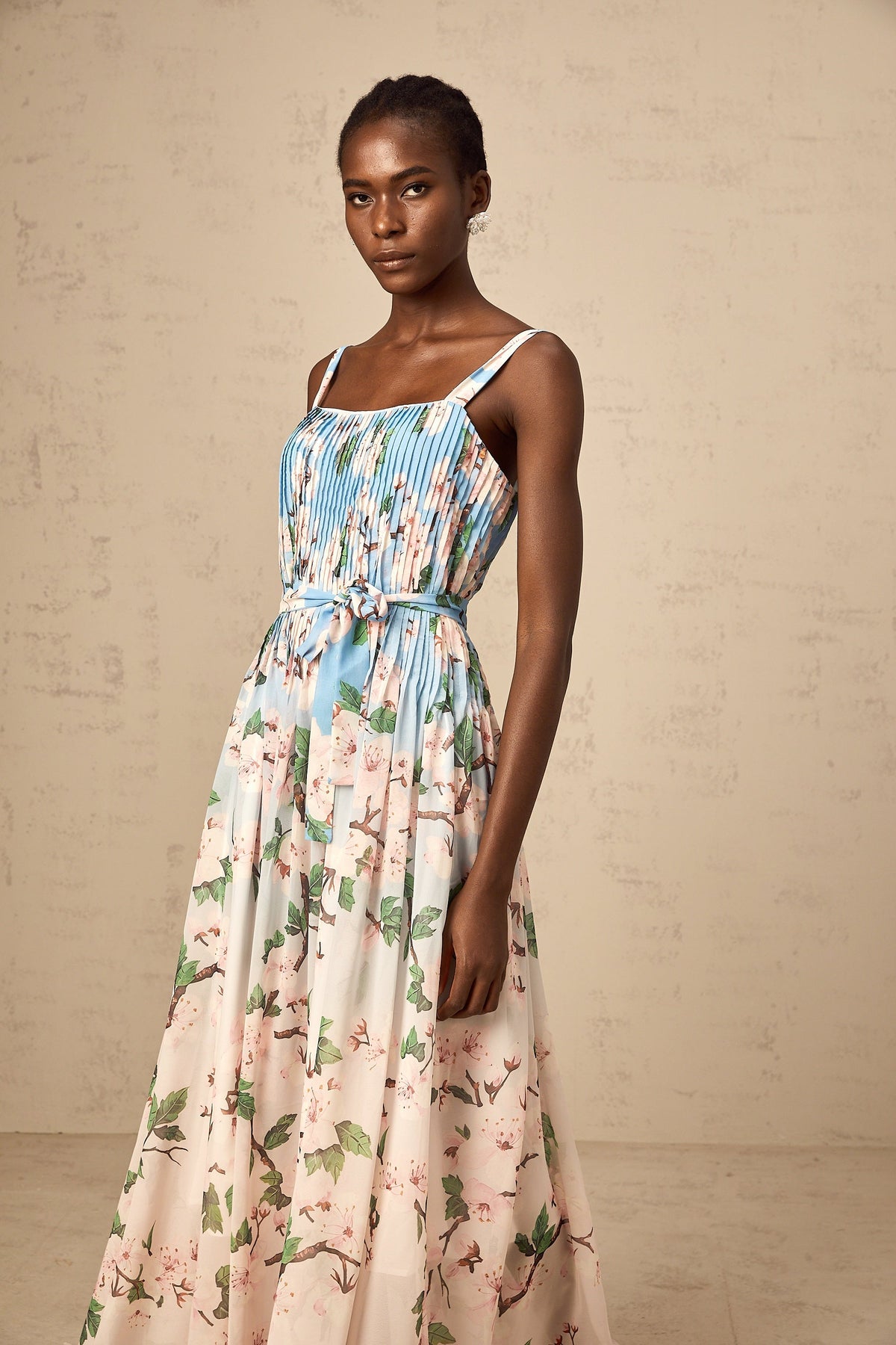 Océane blue floral-print pleated maxi dress