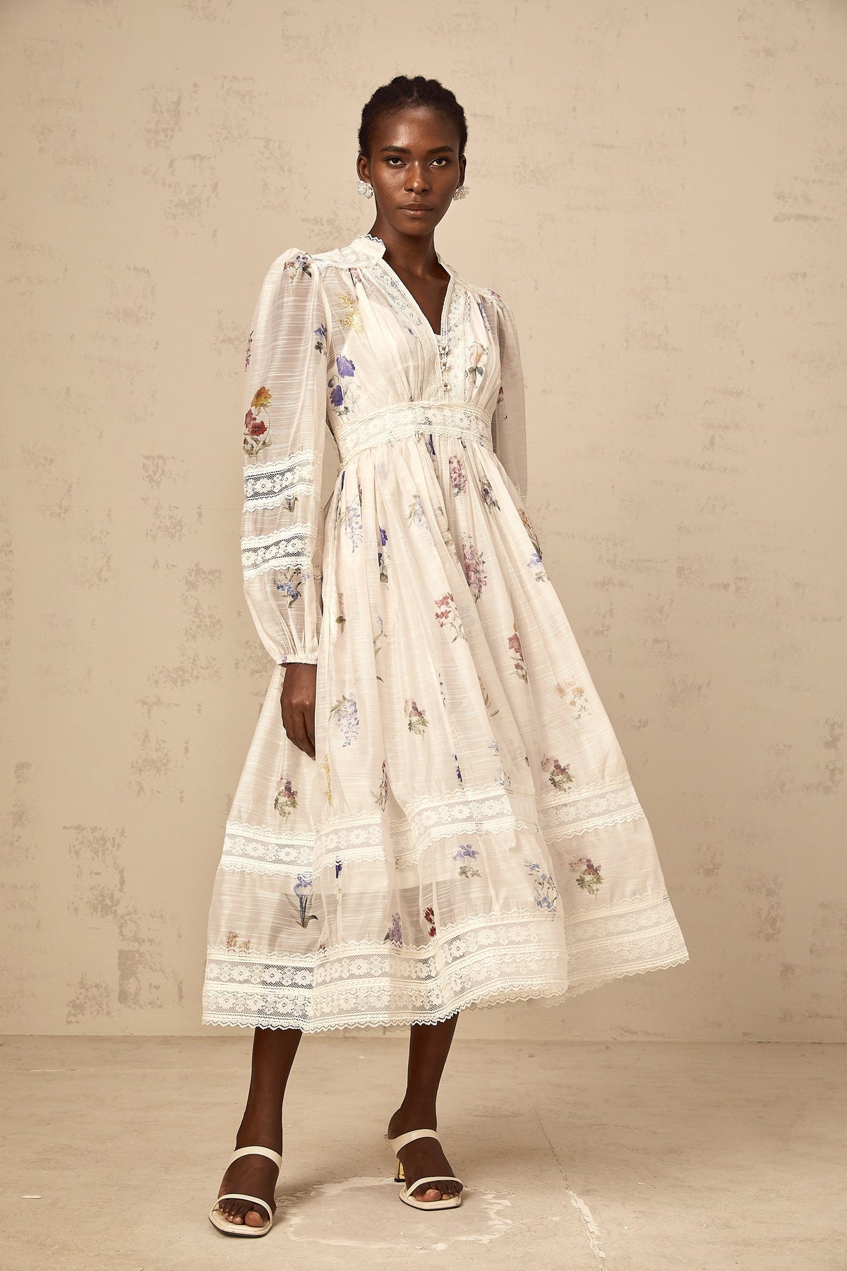 Vivienne white lace-trim floral-print midi dress