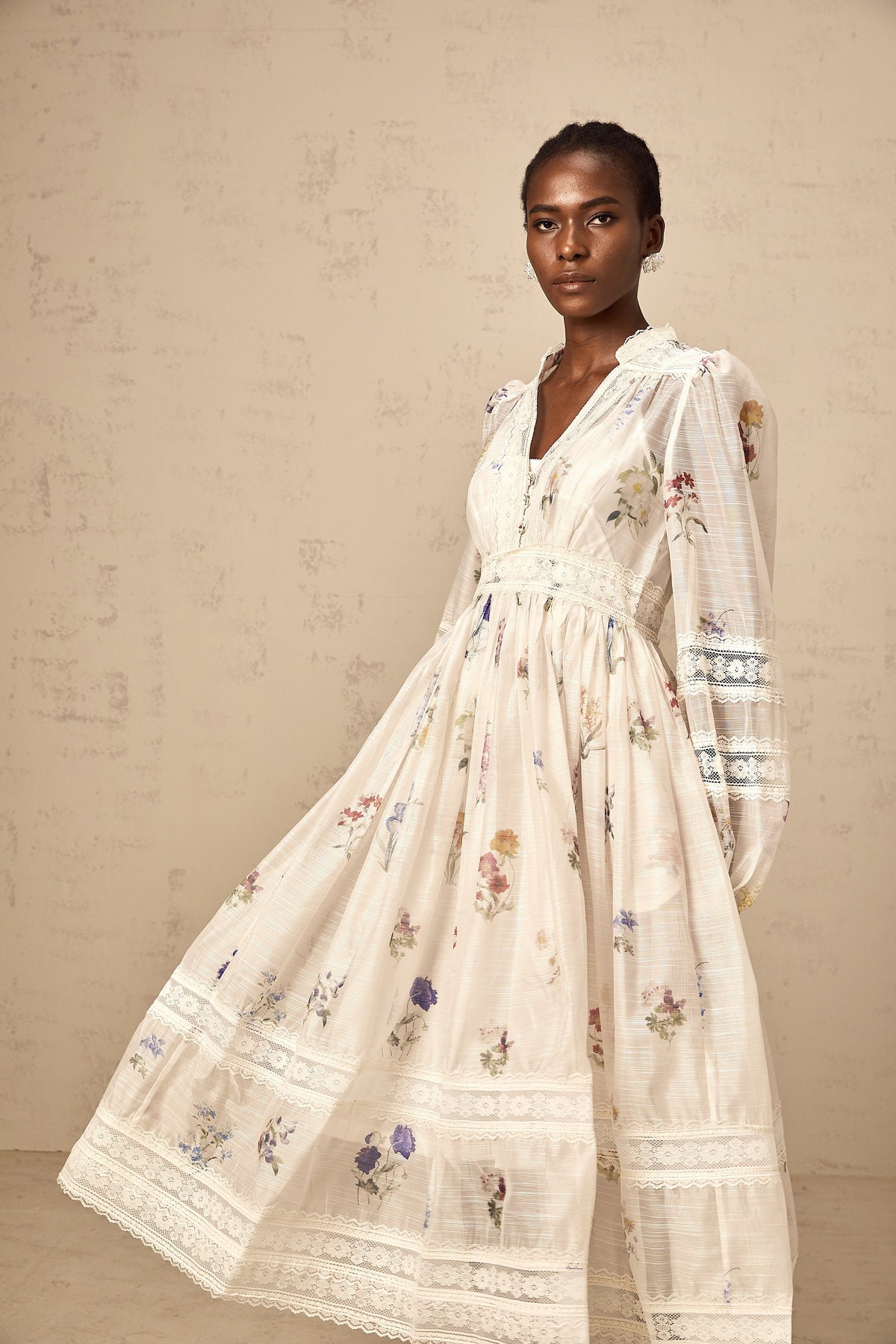 Vivienne white lace-trim floral-print midi dress